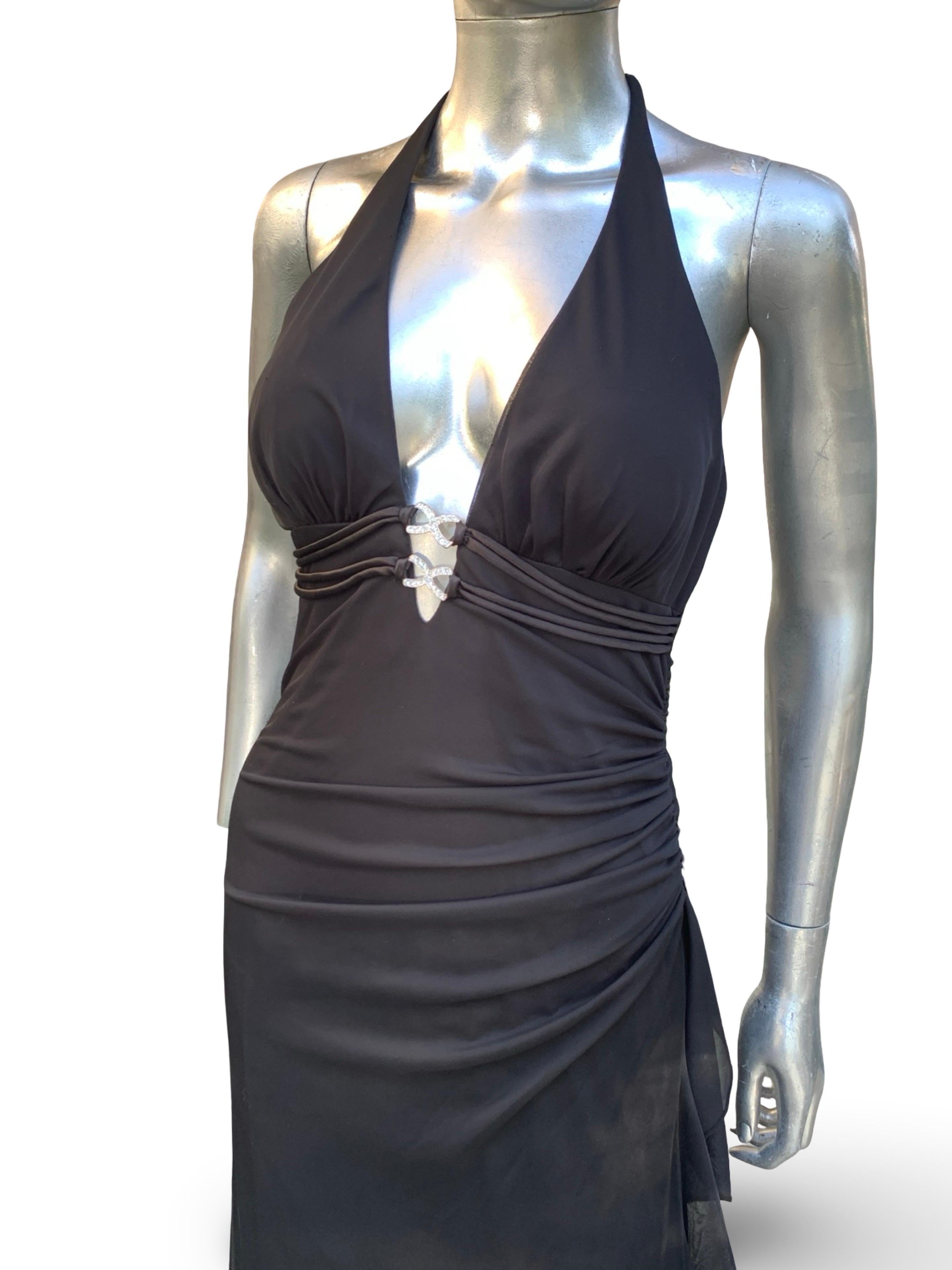 Vintage Sexy und schick Schwarz Jersey Drapiert Halter Langes Kleid im Angebot 12