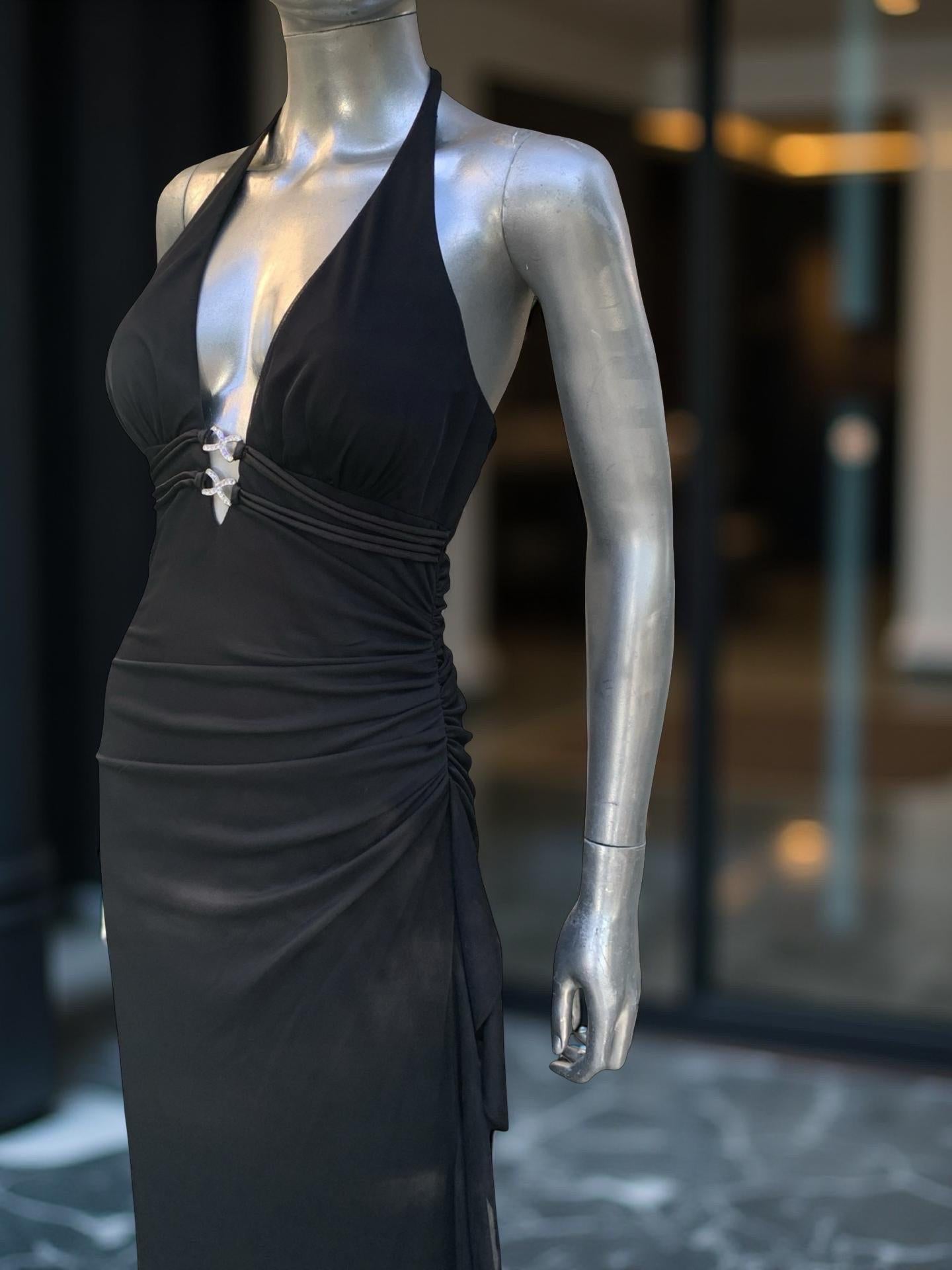 Vintage Sexy und schick Schwarz Jersey Drapiert Halter Langes Kleid im Angebot 13