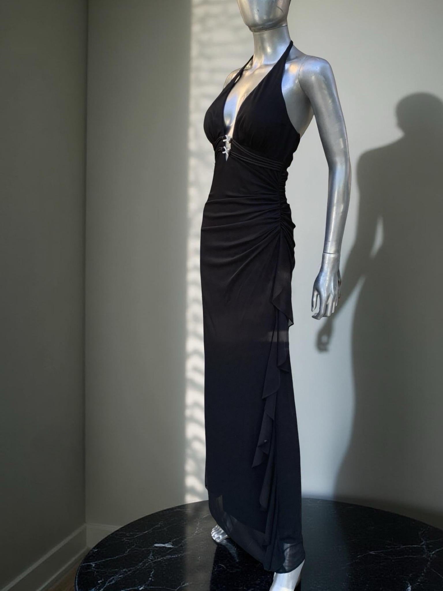 Vintage Sexy und schick Schwarz Jersey Drapiert Halter Langes Kleid im Angebot 14