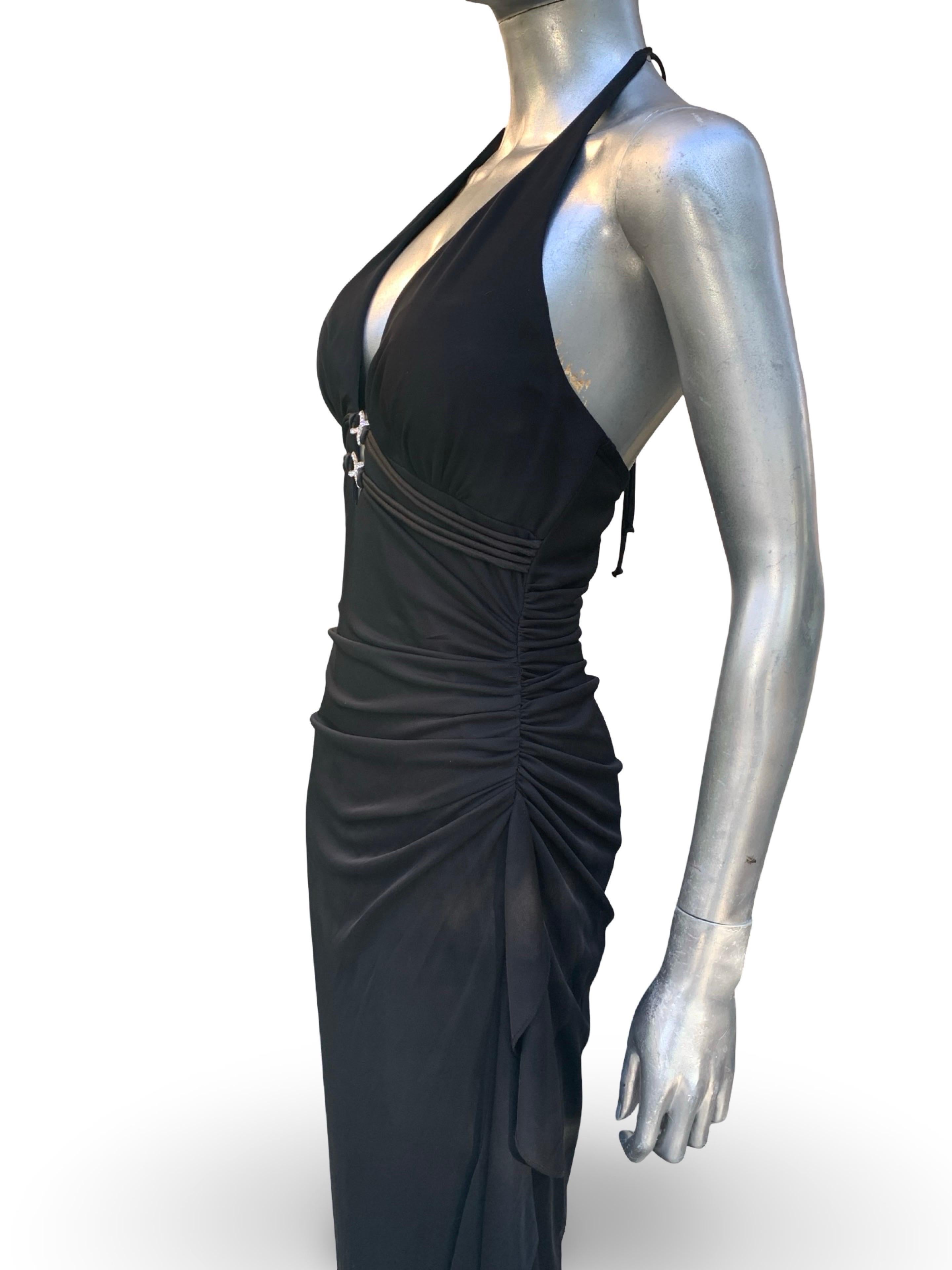 Vintage Sexy und schick Schwarz Jersey Drapiert Halter Langes Kleid Damen im Angebot