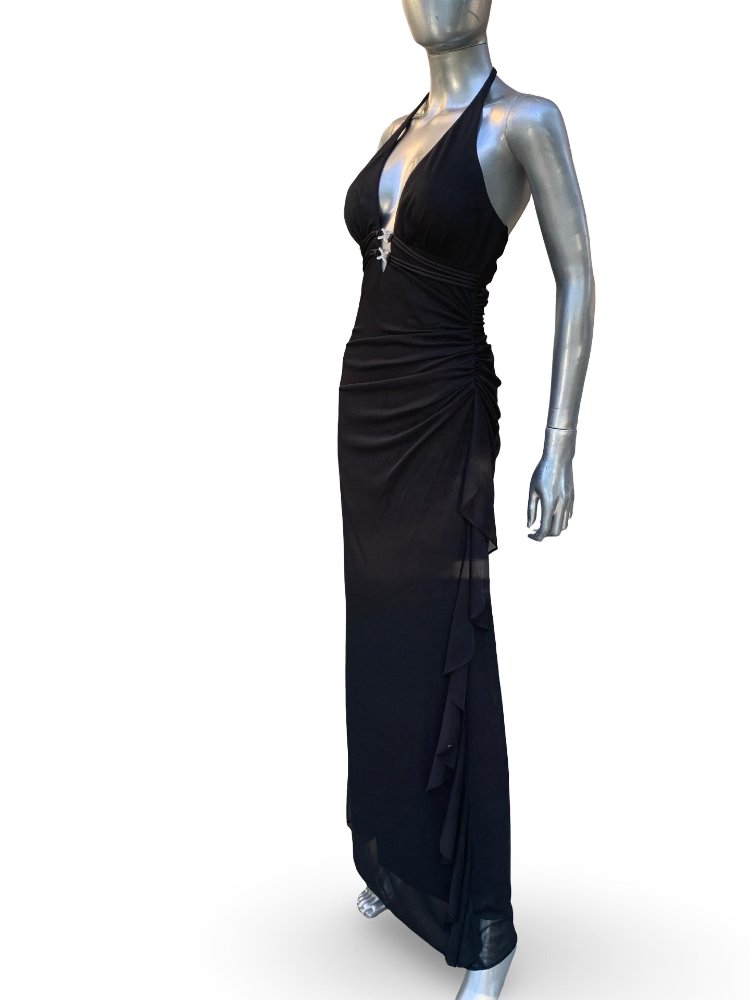 Vintage Sexy und schick Schwarz Jersey Drapiert Halter Langes Kleid im Angebot 2