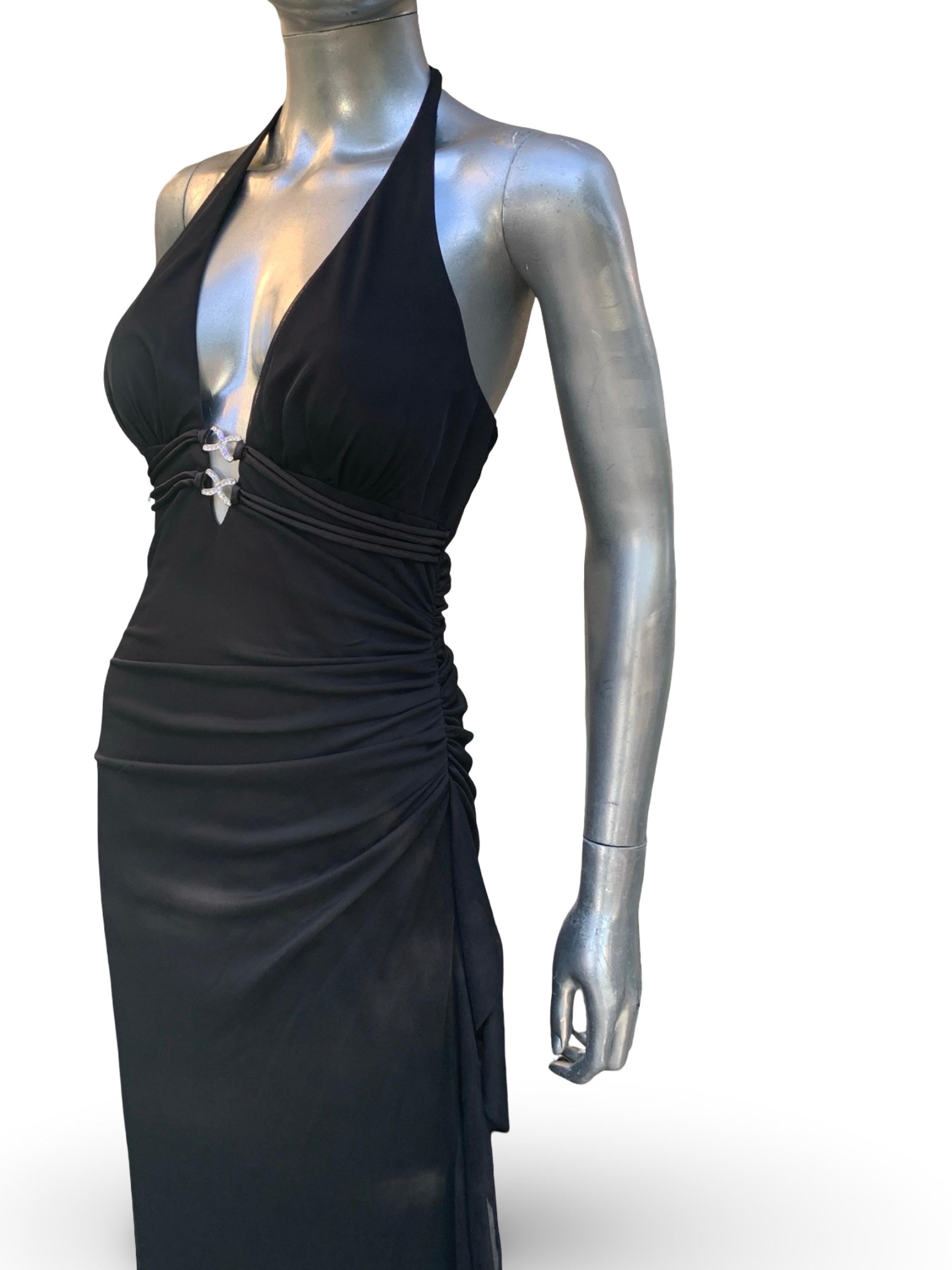 Vintage Sexy und schick Schwarz Jersey Drapiert Halter Langes Kleid im Angebot 3