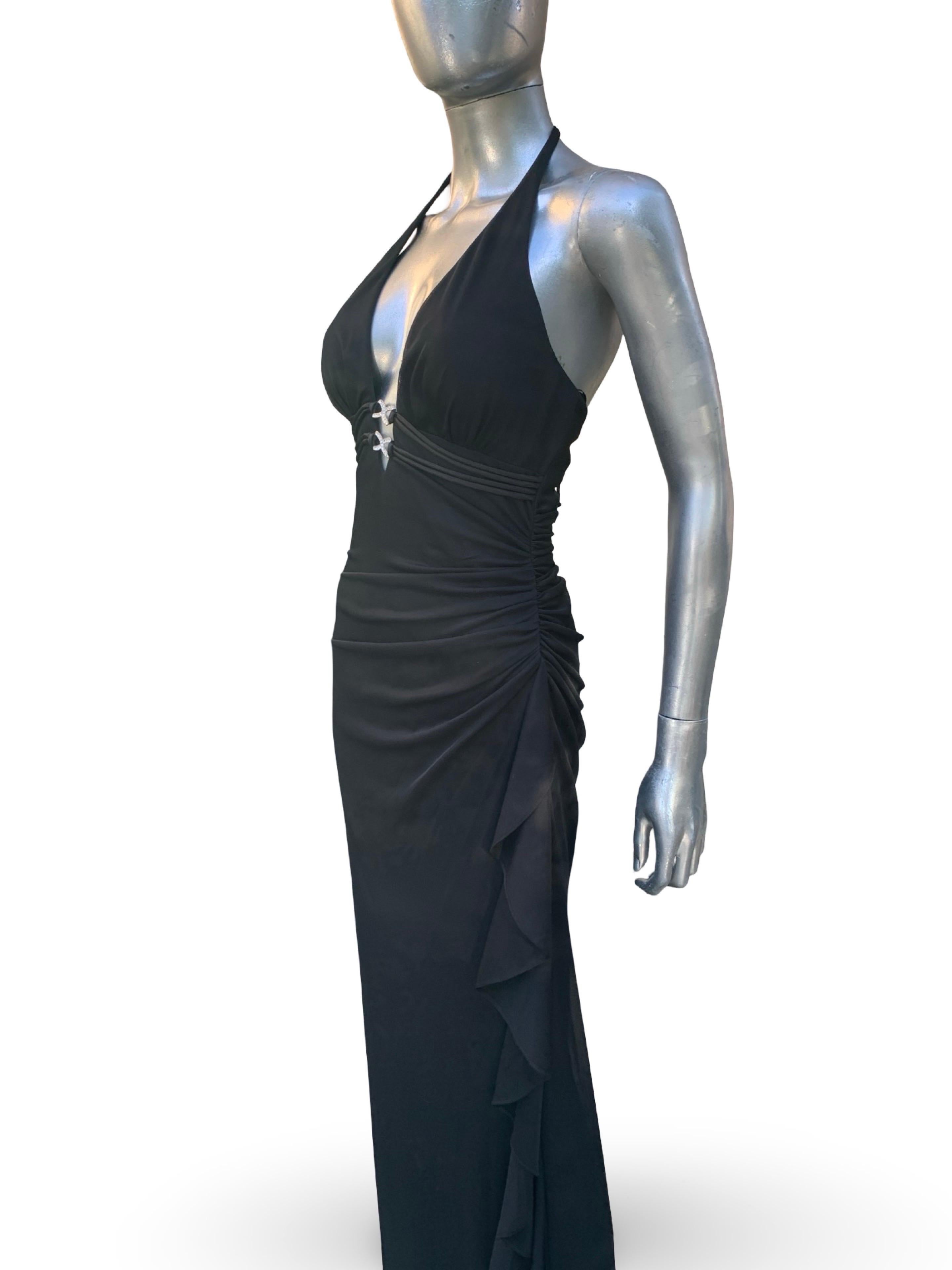 Vintage Sexy und schick Schwarz Jersey Drapiert Halter Langes Kleid im Angebot 5