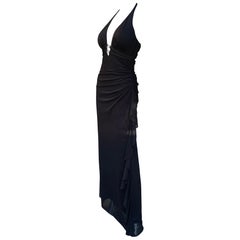 Vintage Sexy and Chic Black Jersey Draped Halter Long Dress Size 6