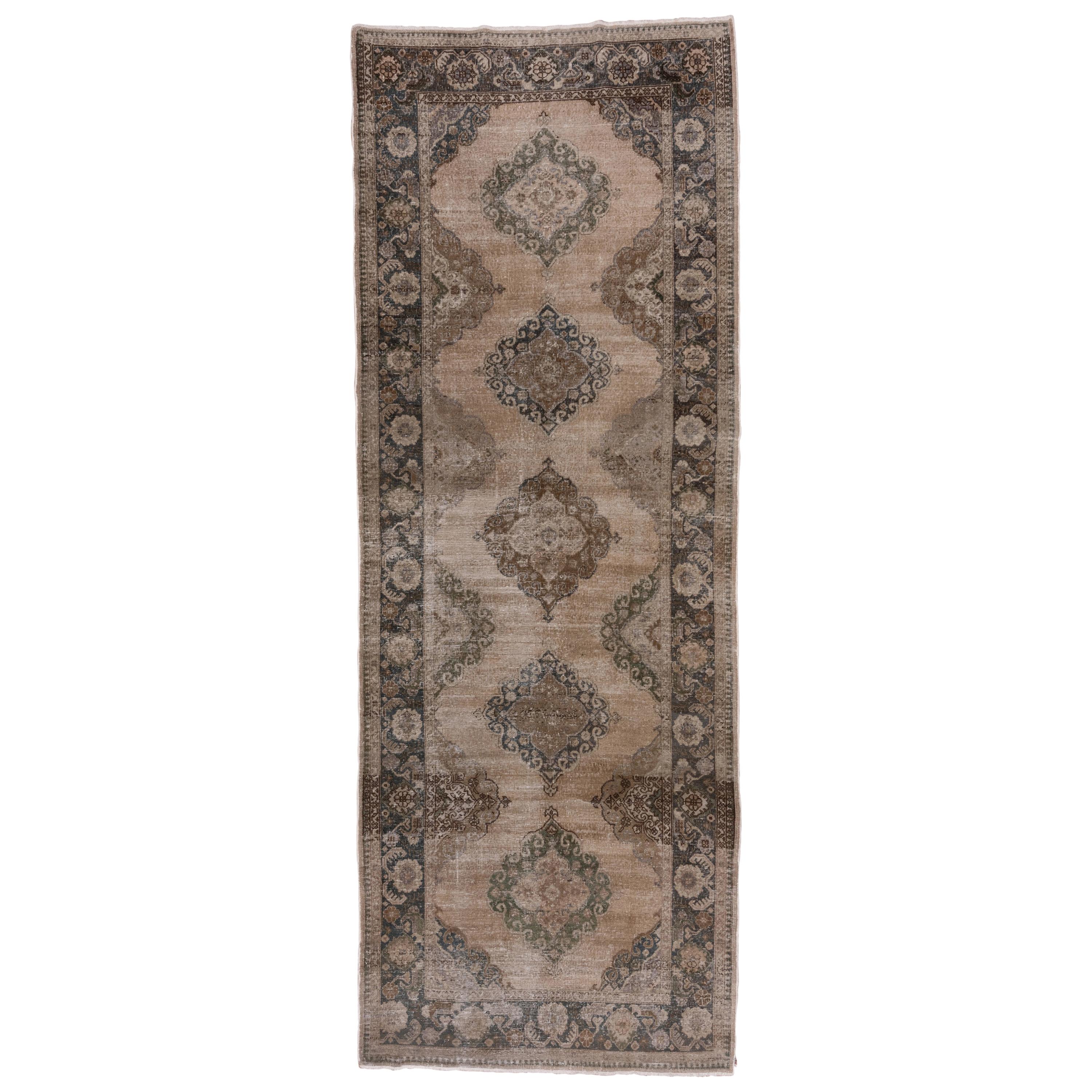 Vintage Shabby Chic Turkish Oushak Gallery Carpet, Earth Tones, Green Borders For Sale