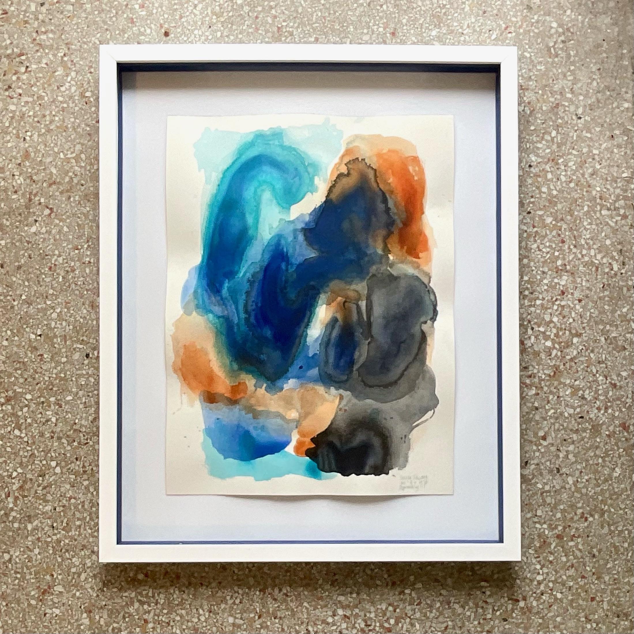 Vintage watercolor on paper artwork. This incredible block abstract is set inside a layered shadow box with a complimentary navy interior border and sleek white frame. This is one of a set of 2, the other is also available. Signed and titled by the