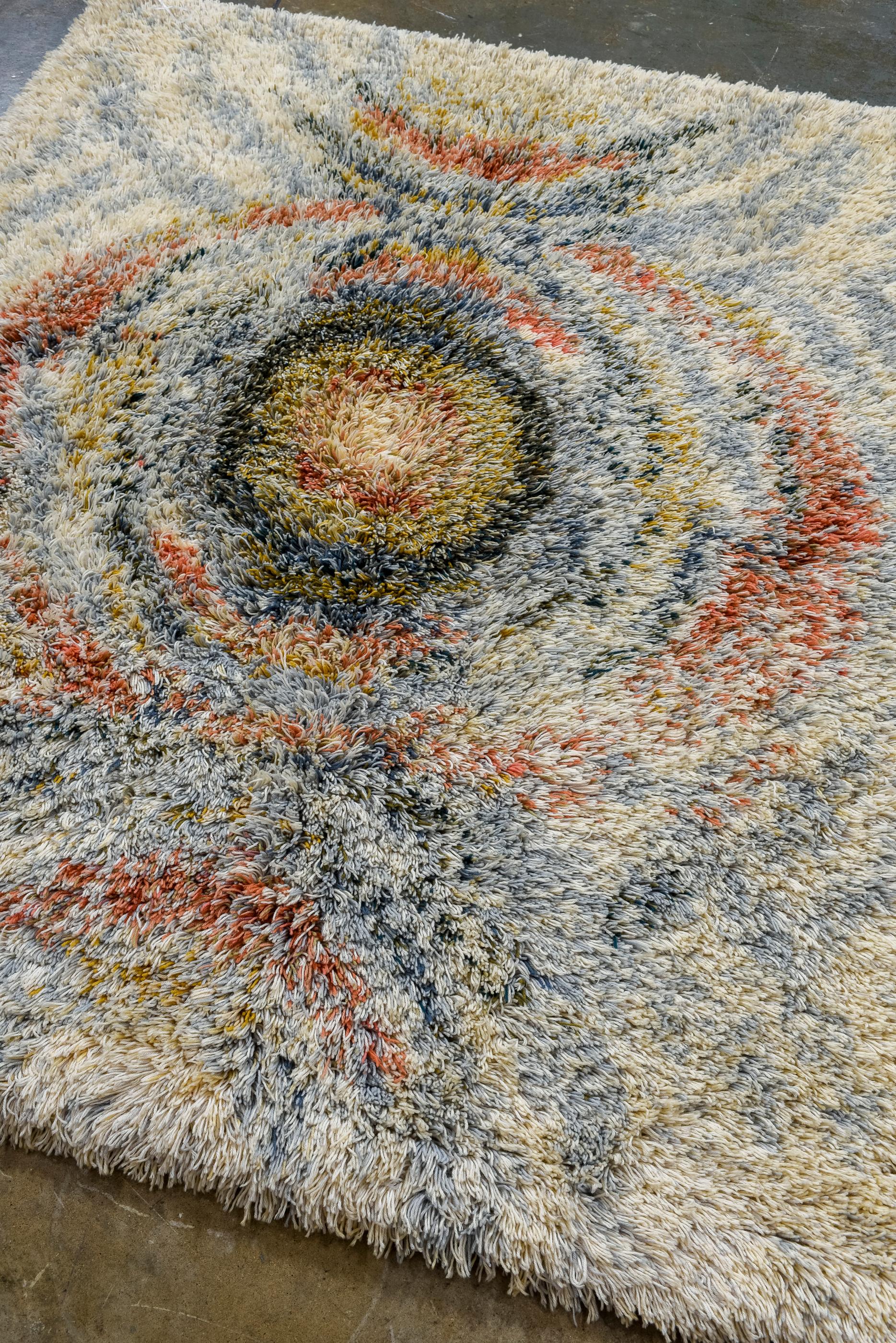 Hand-Knotted Vintage Shaggy Swedish Rug with Colorful Circles For Sale