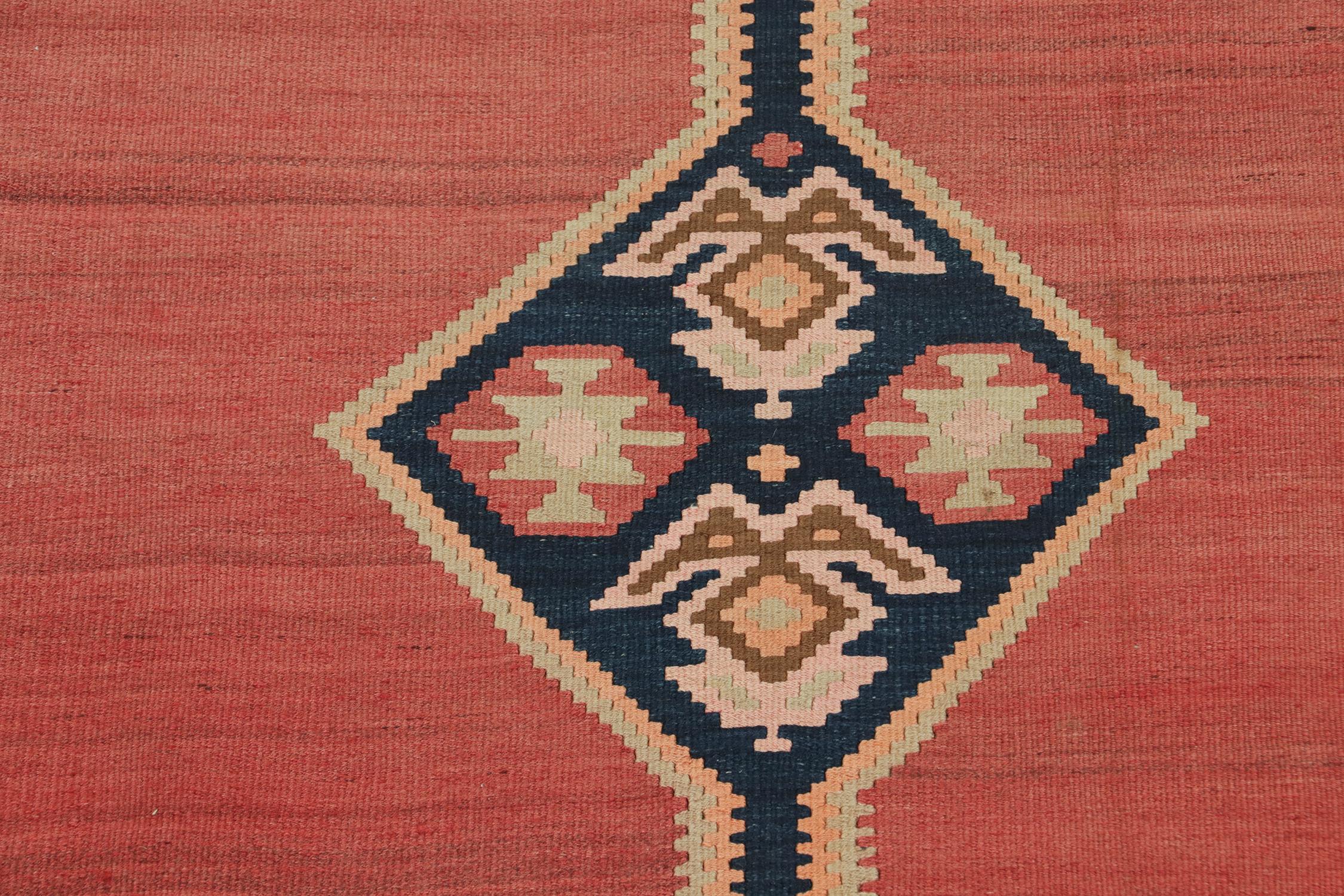 Mid-20th Century Vintage Shahsavan Persian Kilim in Red with Blue Medallion by Rug & Kilim For Sale