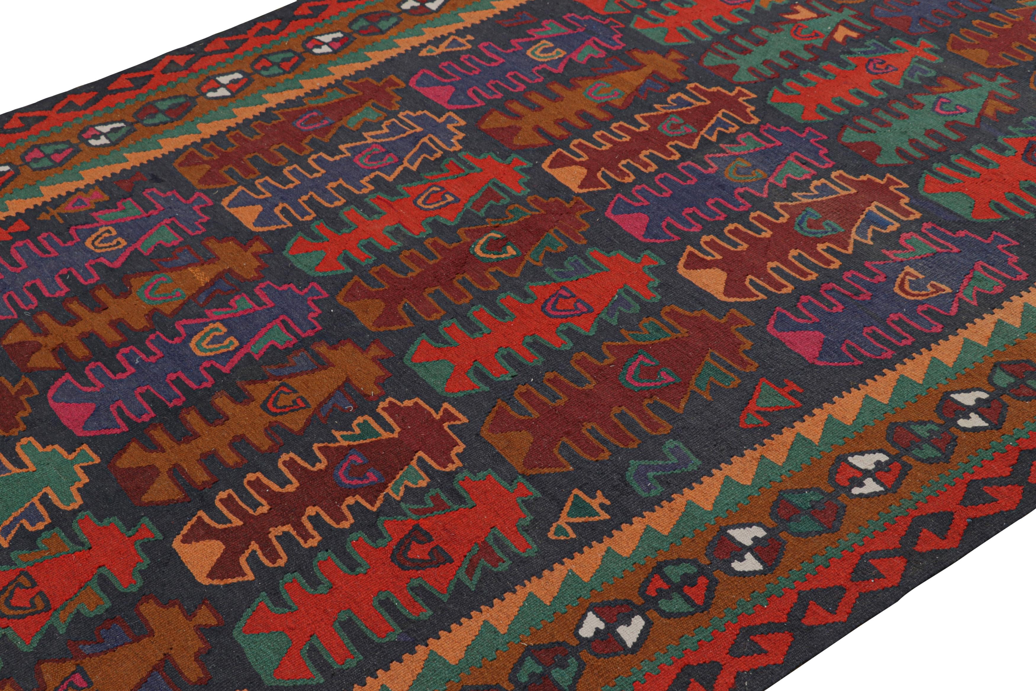Handwoven in a wool flatweave, originating circa 1950-1960, this 6x11 vintage Turkish Shahsavan kilim features polychromatic geometric patterns in an all over design.  
 
On the Design: 

This personal vintage piece is meant to catch the eye, yet