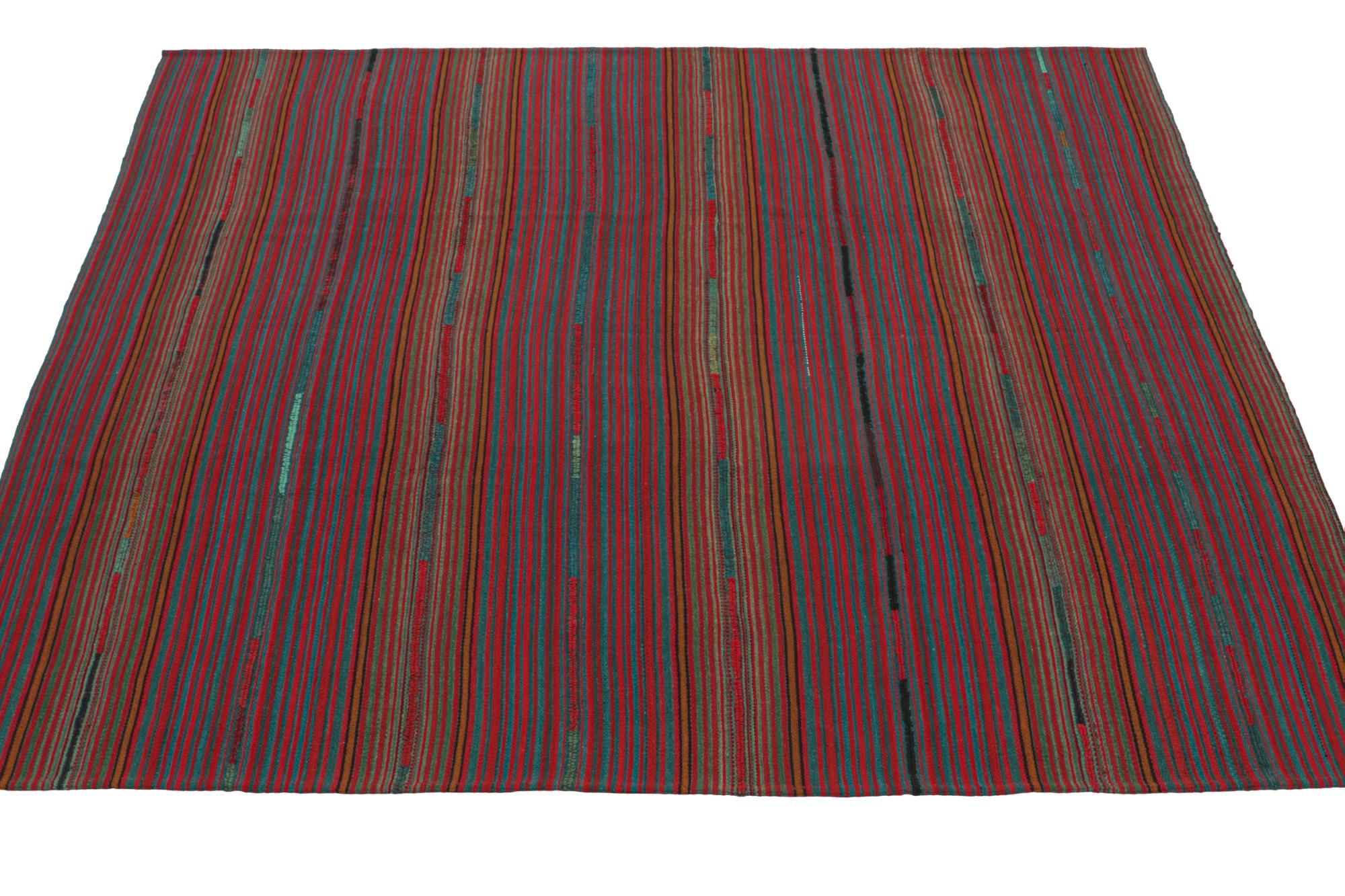 Hand-Knotted Vintage Shahsavan Palas Persian Kilim in Red & Blue Stripes For Sale
