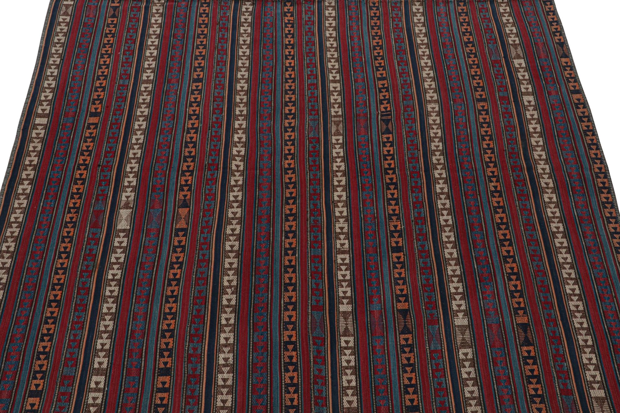This vintage 5x5 Persian kilim is a mid-century Jajim-style flat weave that hails from the Shahsavan tribe. 

On the Design: 

Jajim Kilims are known for their take on the panel weave style, in which tribal weavers combine multiple pieces into
