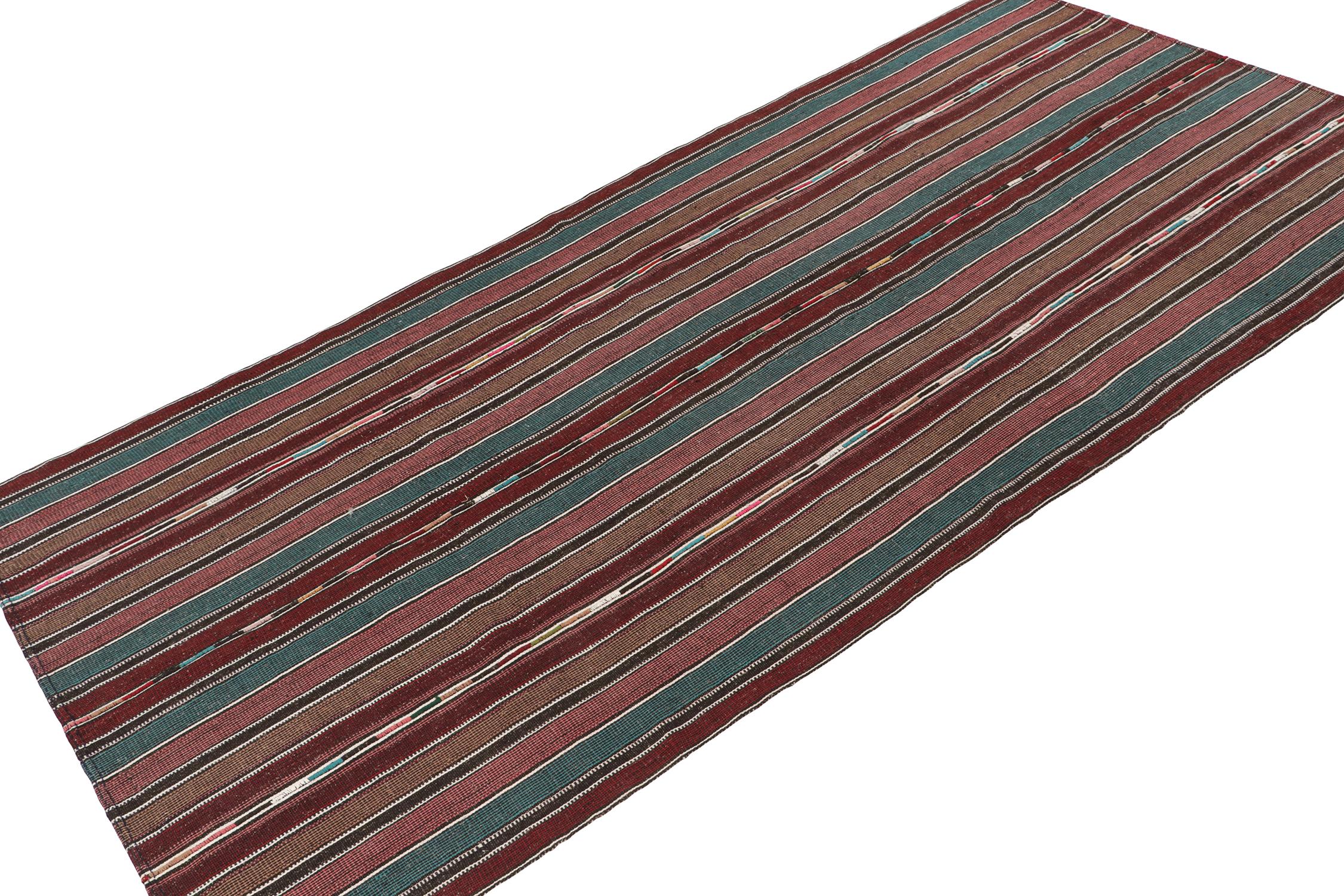 Hand-Knotted Vintage Shahsavan Persian Kilim in Blue, Brown & Maroon Stripes by Rug & Kilim For Sale