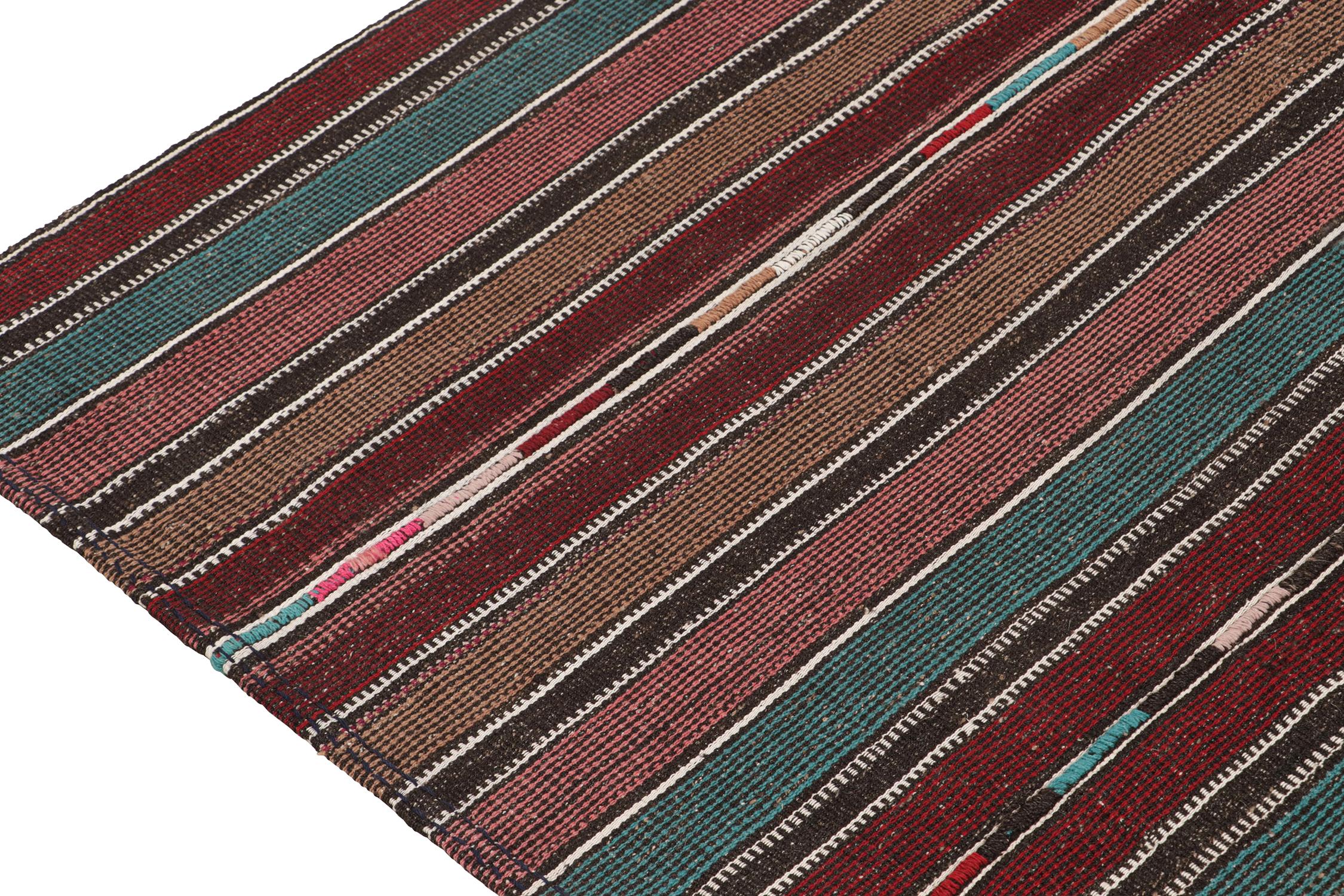 Mid-20th Century Vintage Shahsavan Persian Kilim in Blue, Brown & Maroon Stripes by Rug & Kilim For Sale