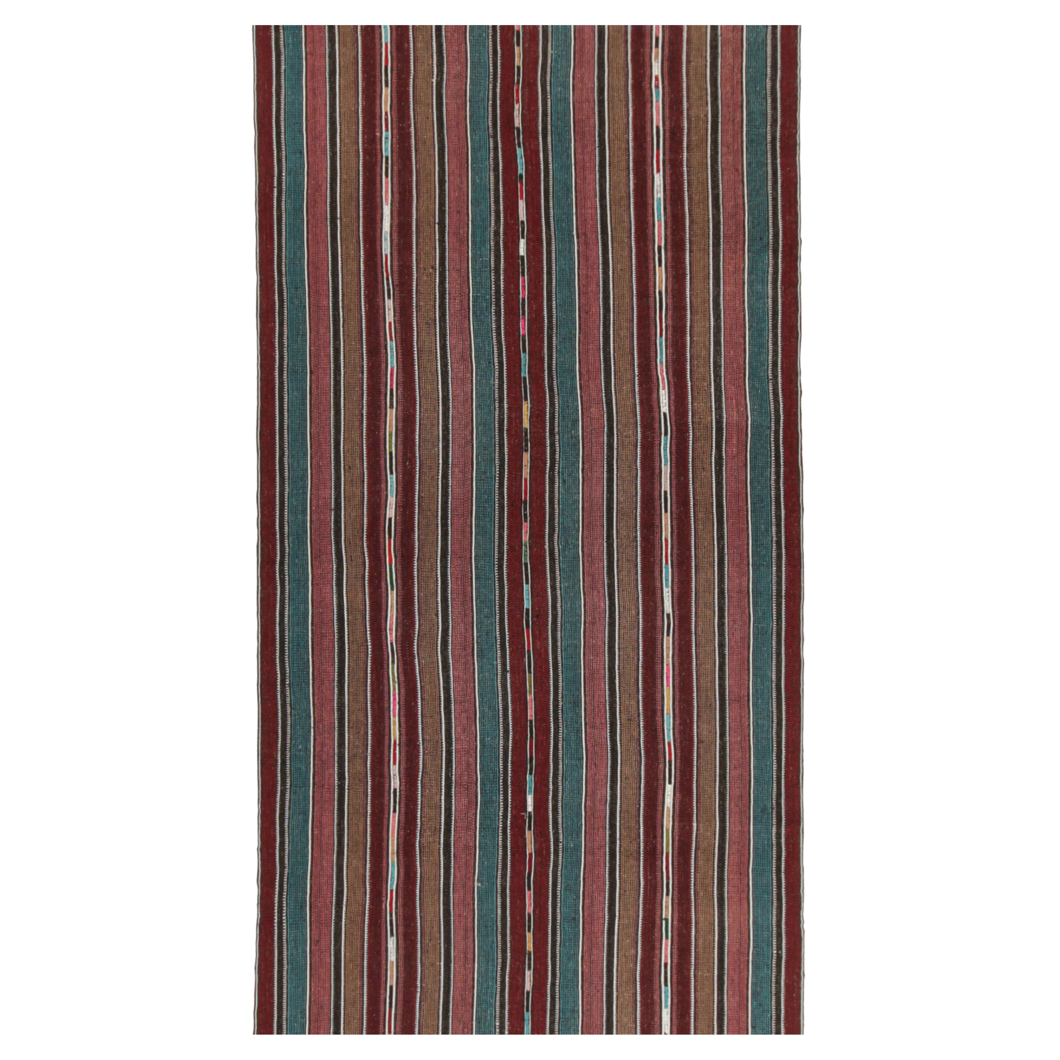 Kilim persiano vintage Shahsavan a strisce blu, marroni e marroni di Rug 
Kilim in vendita