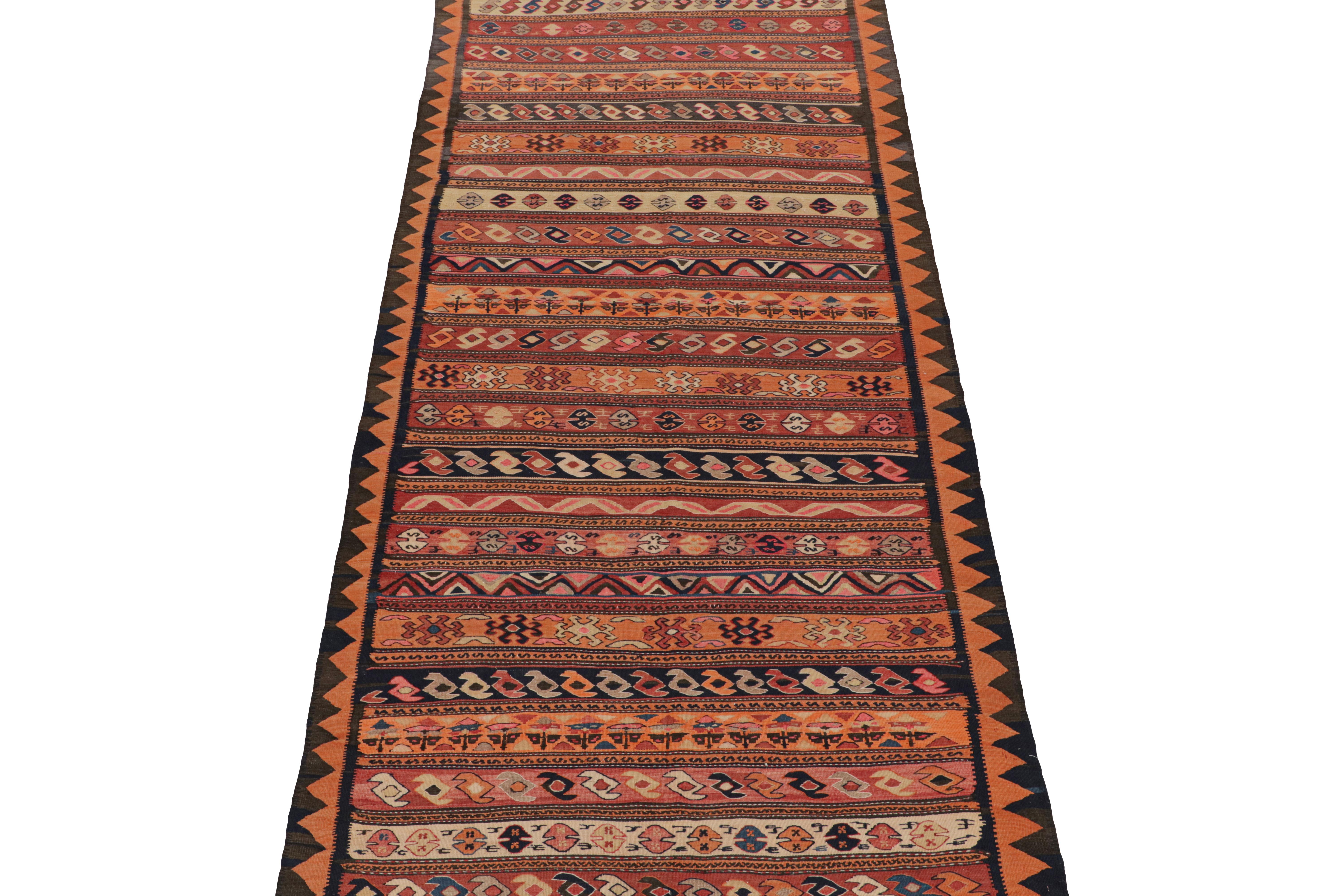 This vintage 5x11 Persian Kilim is believed to be a Shahsavan tribal rug, handwoven in wool circa 1950-1960.

Further on the Design:

The sheer level of detail and variation sets this Kilim apart from many in its kind. It’s an intricate piece with a