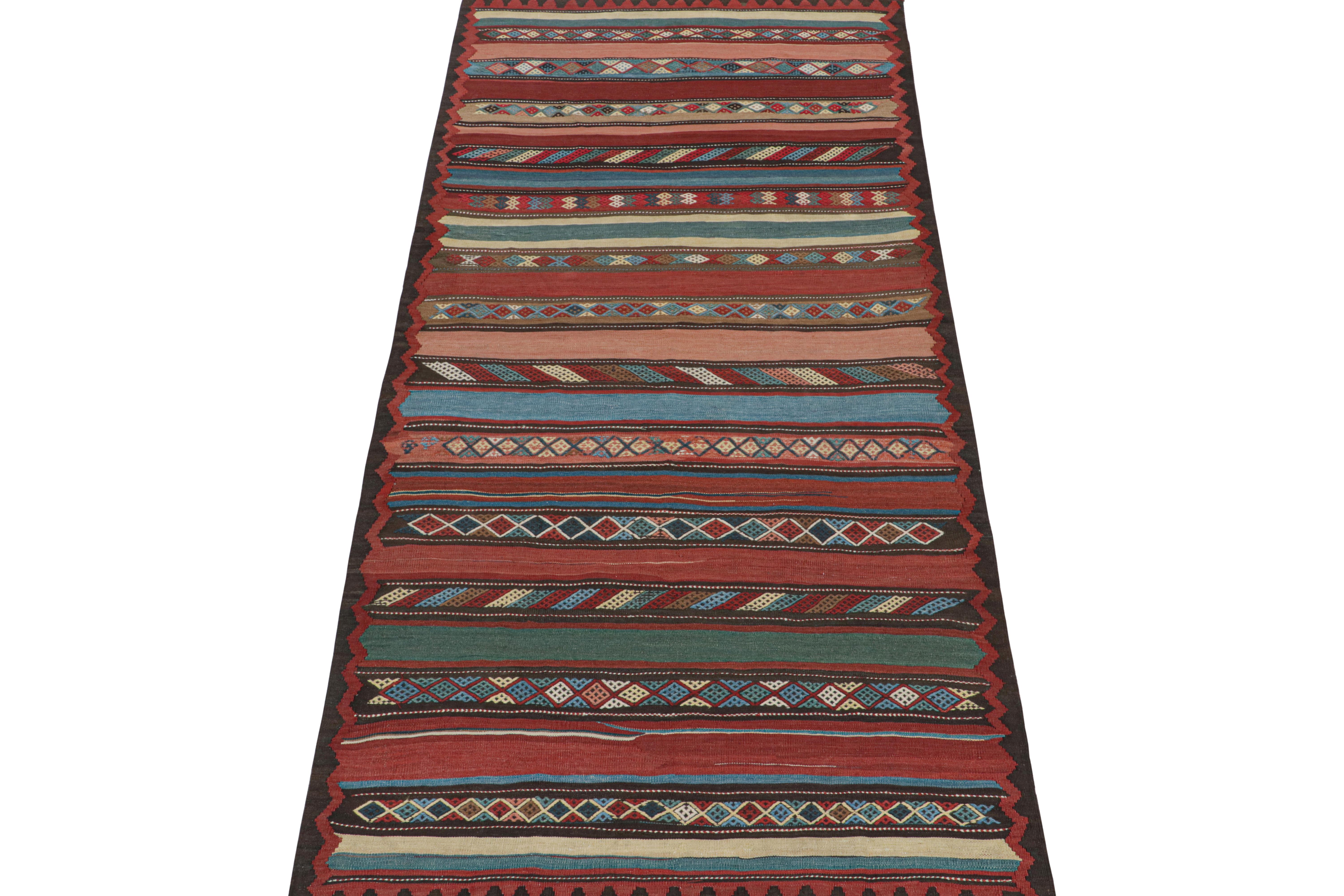 This vintage 5x7 Persian Kilim is believed to be a Shahsavan tribal rug. Handwoven in wool, it originates circa 1950-1960 and enjoys a polychromatic colorway with stripes and geometric patterns. 

Further on the Design:

In its many rich and