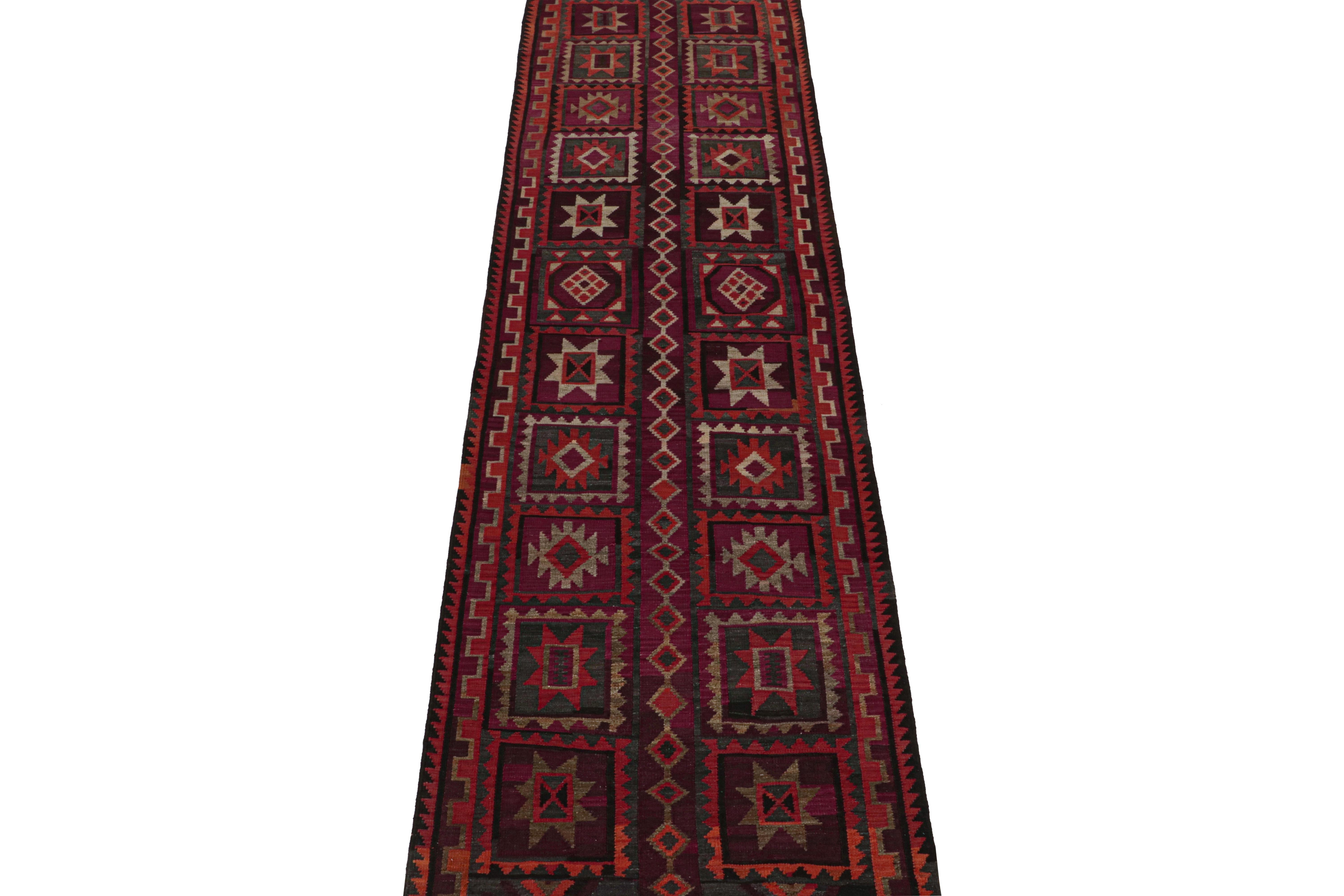 This vintage 4x13 Shahsavan Persian Kilim is handwoven in wool, and originates circa 1950-1960.

On the Design: 

This rich piece enjoys tribal patterns in the most interesting use of Classic colors. A keen eye will note a bordeaux kind of