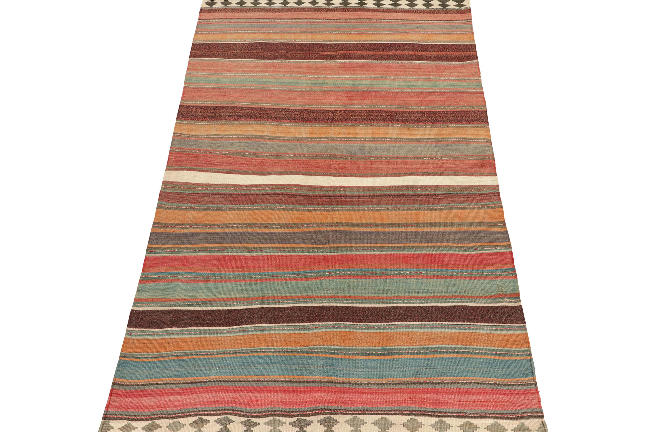 This vintage 5x9 Persian kilim is believed to be a Shahsavan tribal rug. Handwoven in wool circa 1950-1960, these are sometimes called Northwest designs—a well-known Persian provenance. 

Further on the Design:

This design favors a polychromatic