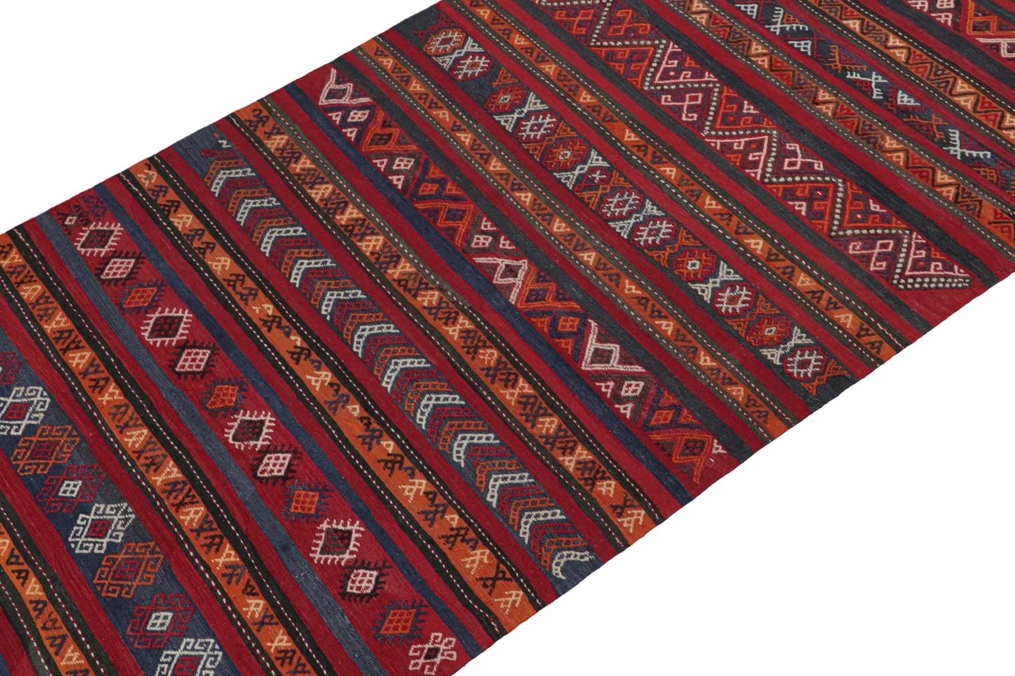 This vintage 5x14 Persian Kilim is a mid-century gallery runner and tribal rug believed to originate from the Shahsavan tribe. 

On the Design:

Handwoven in wool circa 1950-1960, its design enjoys an all over pattern of stripes and colorful