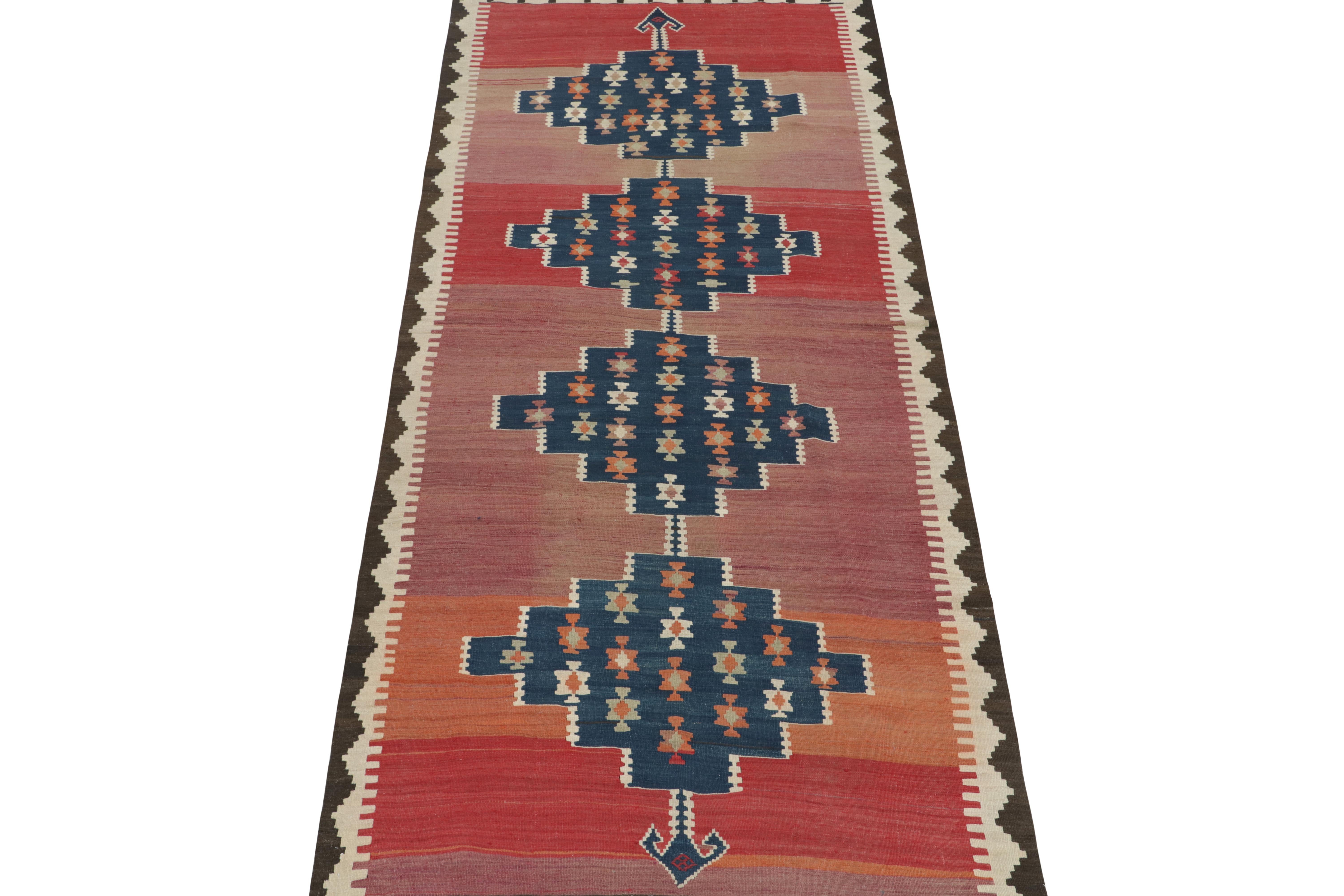 This vintage 5x12 Shahsavan kilim is an interesting tribal rug for its period and lineage. Handwoven in wool, it’s believed to originate circa 1950-1960. 

Further on the Design:

The design prefers blue medallions on a polychromatic open field,