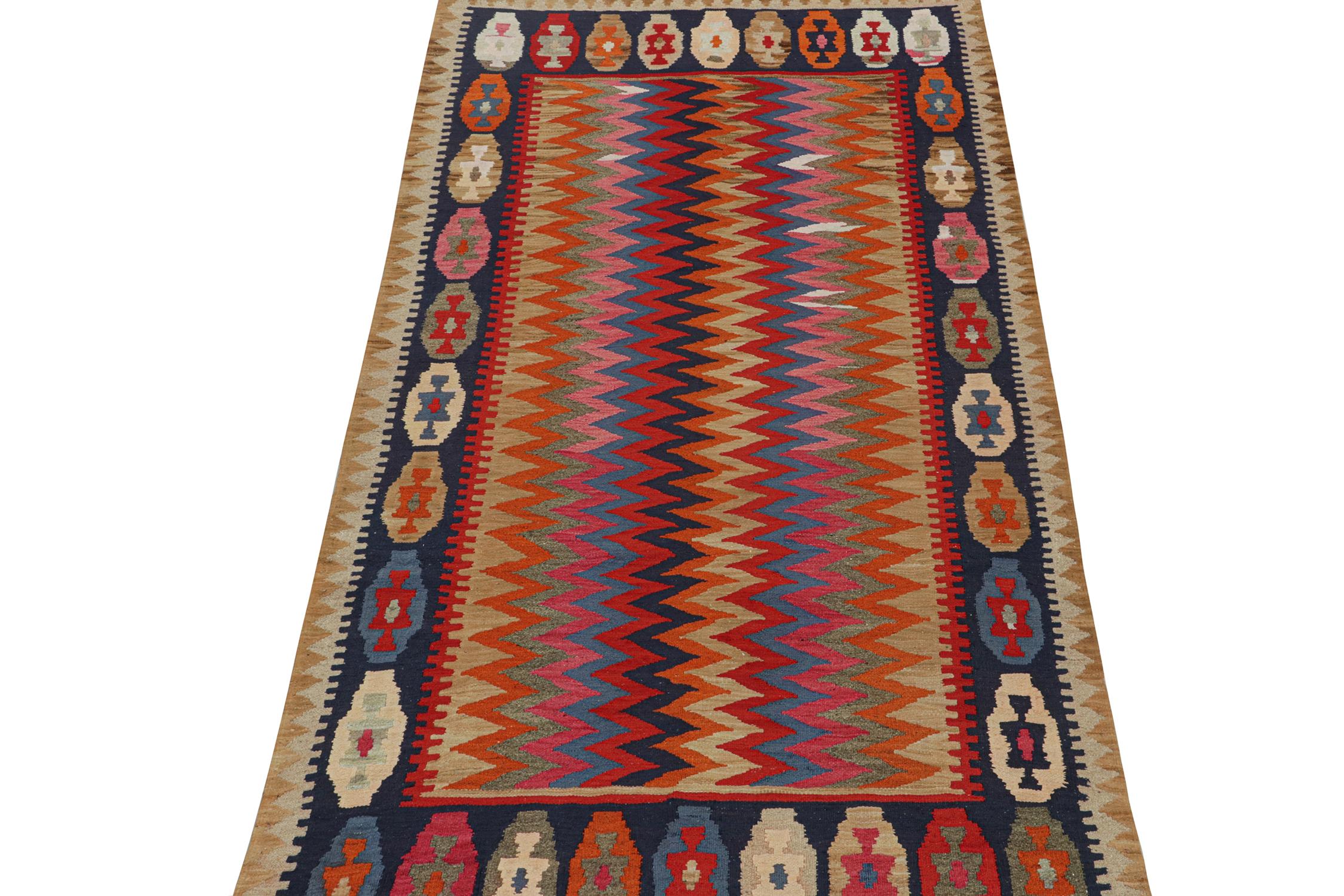 This vintage 4x8 Shahsavan kilim is a unique tribal rug for its period—hailing from Persia circa 1950-1960. Handwoven in wool.

Further on the Design:

The field hosts patterns alternating in blue, red, brown, pink, grey & orange variations.