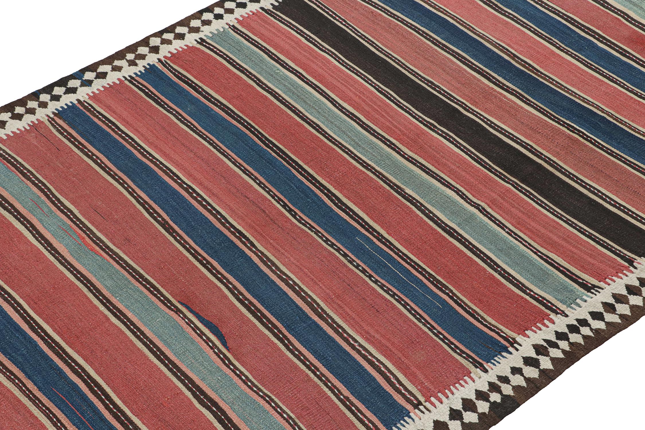 Hand-Knotted Vintage Shahsavan Persian Kilimin Red, Brown and Blue Stripes by Rug & Kilim For Sale