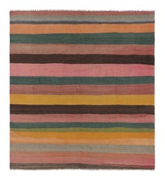 Kilim cuadrado persa Shahsavan vintage con rayas policromáticas vibrantes - Alfombra