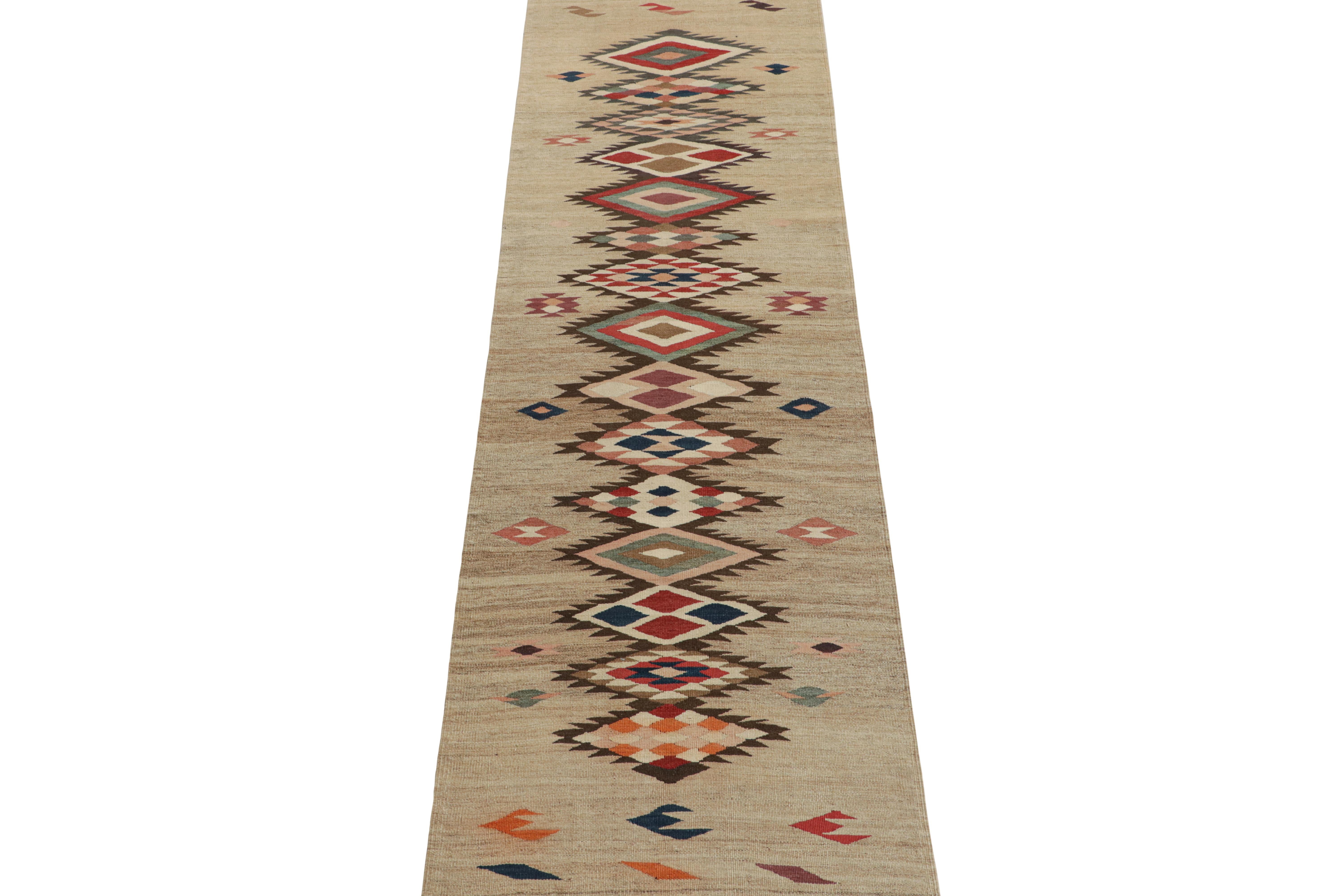 This vintage 3x9 Shahsavan kilim is a unique tribal runner for its period. Handwoven in wool, it originates from Turkey circa 1950-1960. 

Further on the Design:

Keen eyes will admire an almost Aztec style and influence in this play of soft