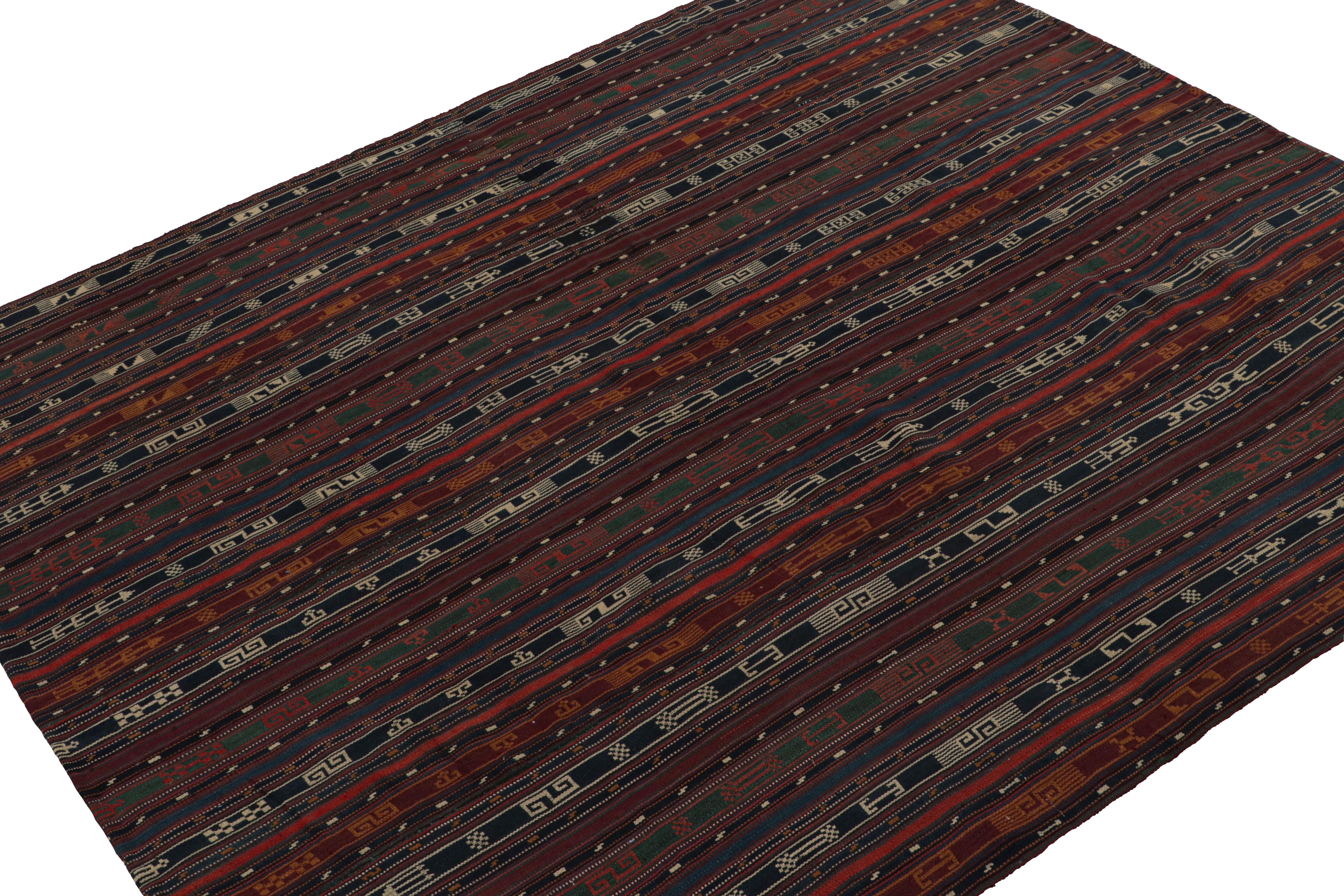 Handmade in wool, circa 1950-1960, this 5x6 vintage Shahsavan tribal Persian Kilim rug, features geometric stripes across the field. 

On the Design: 

Keen eyes for detail will admire the repetitive vertical striped pattern of this rug. Striped