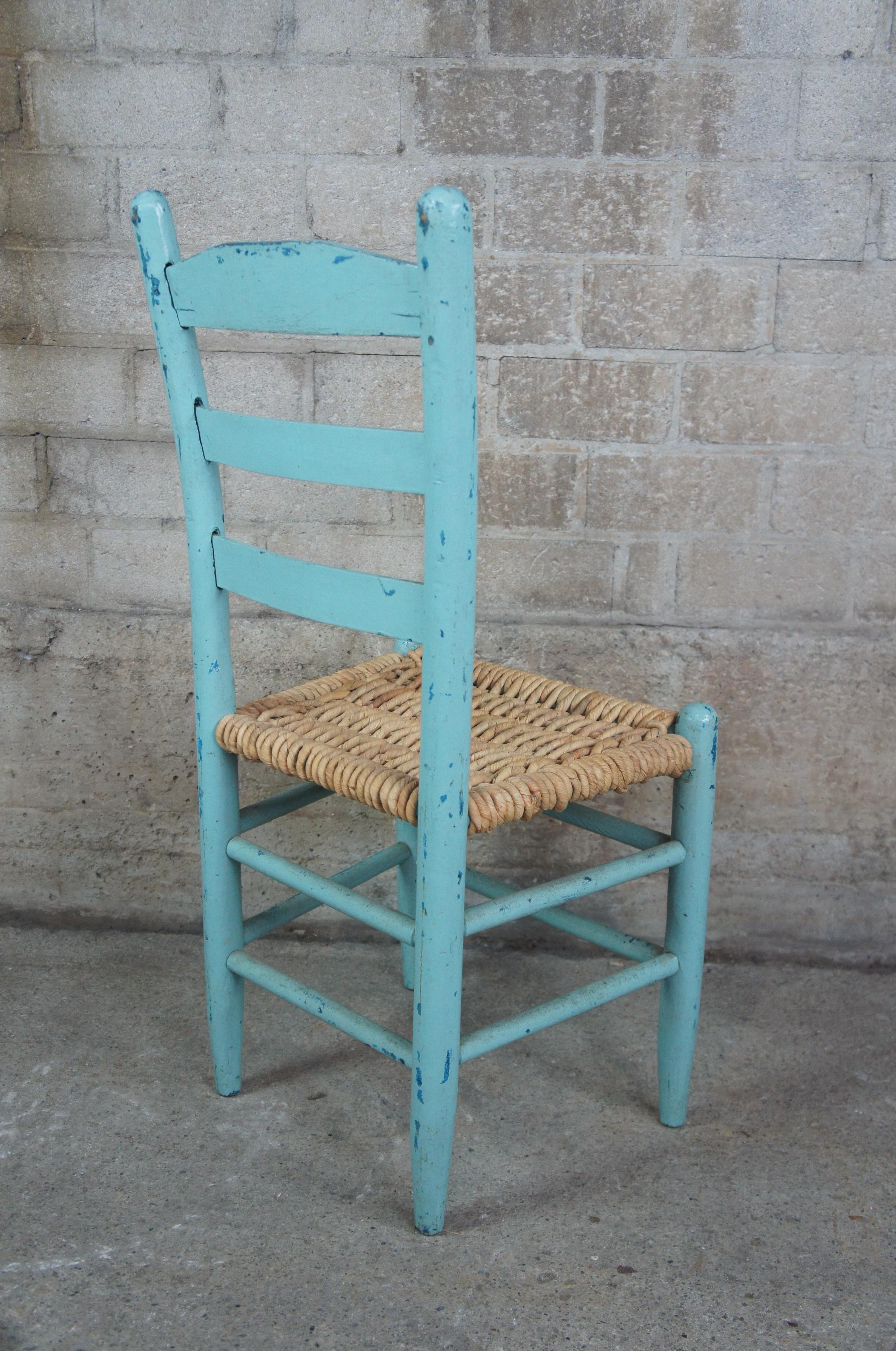 Bohemian Vintage Shaker Ladder Back Turquoise Boho Chic Dining Side Chair with Jute Seat