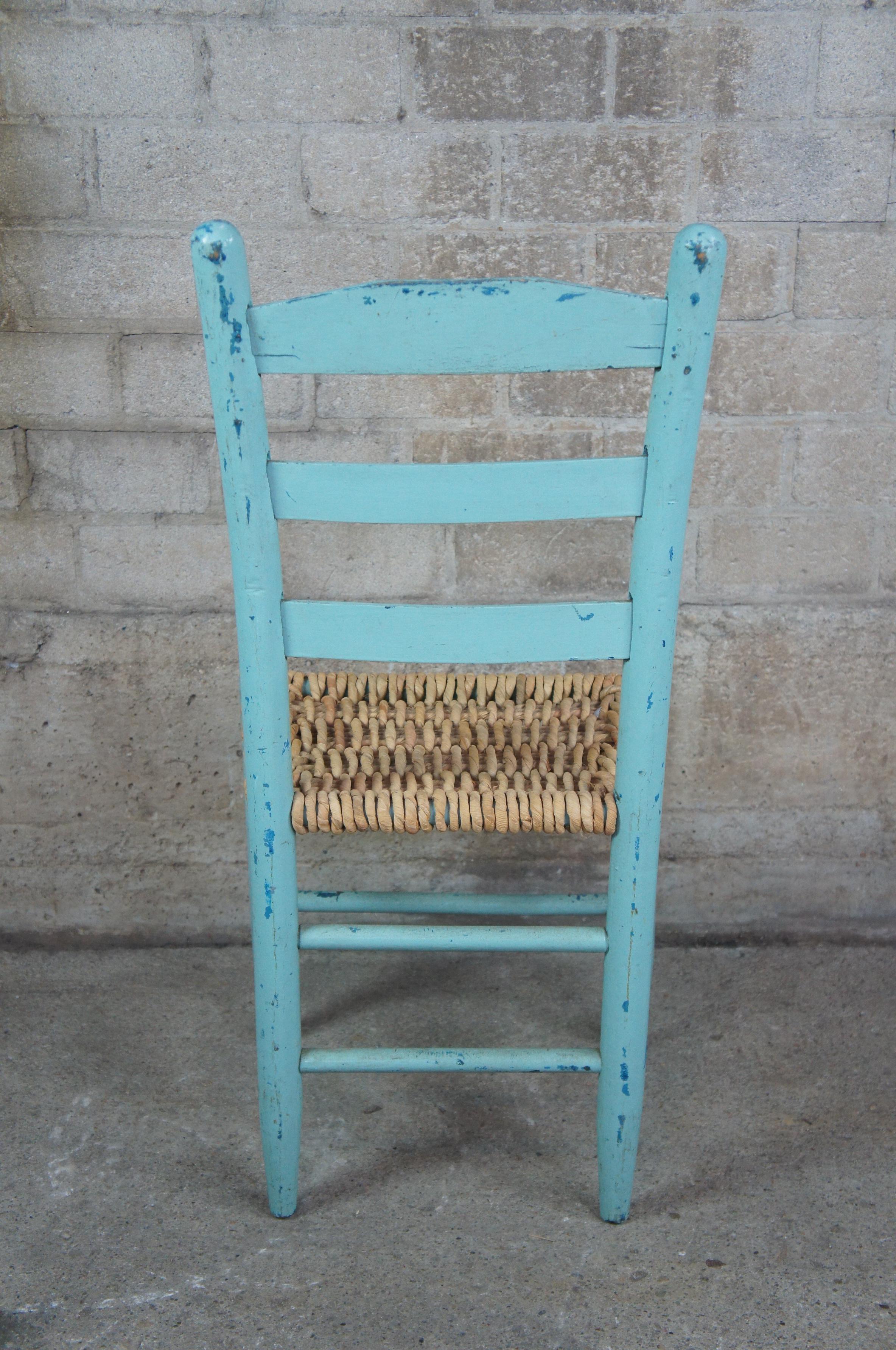 Vintage Shaker Ladder Back Turquoise Boho Chic Dining Side Chair with Jute Seat In Good Condition In Dayton, OH