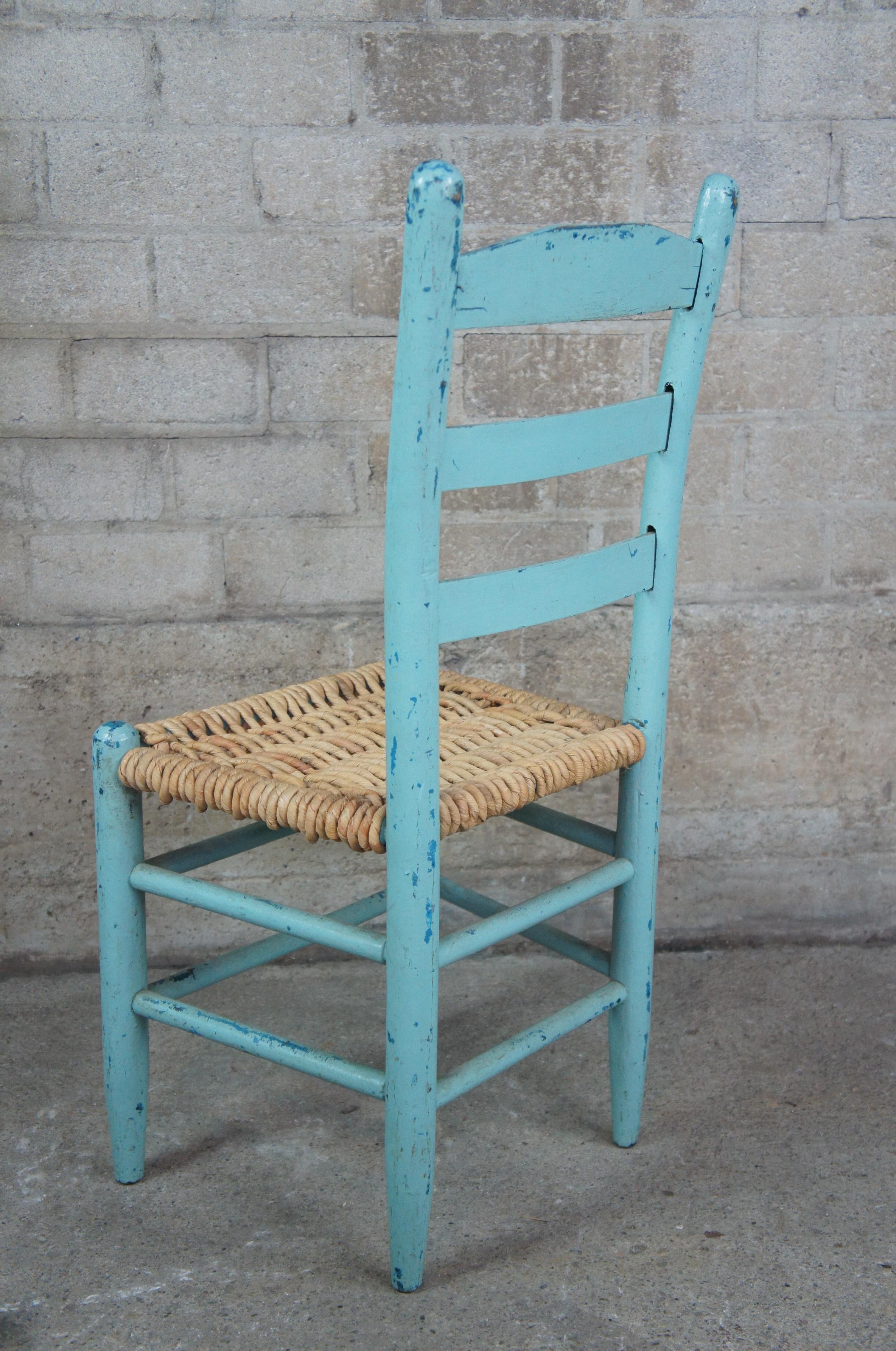 20th Century Vintage Shaker Ladder Back Turquoise Boho Chic Dining Side Chair with Jute Seat