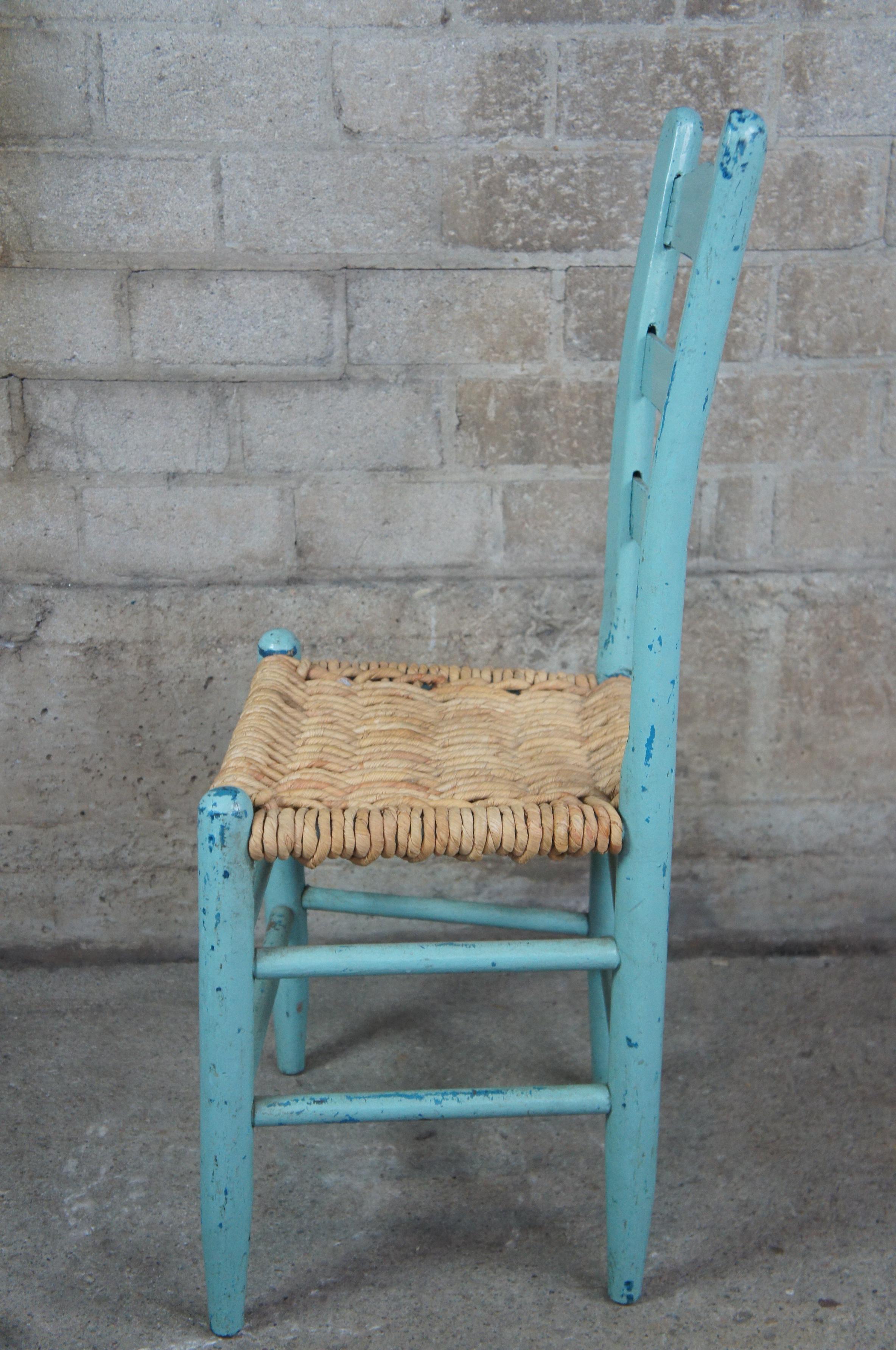 Hardwood Vintage Shaker Ladder Back Turquoise Boho Chic Dining Side Chair with Jute Seat