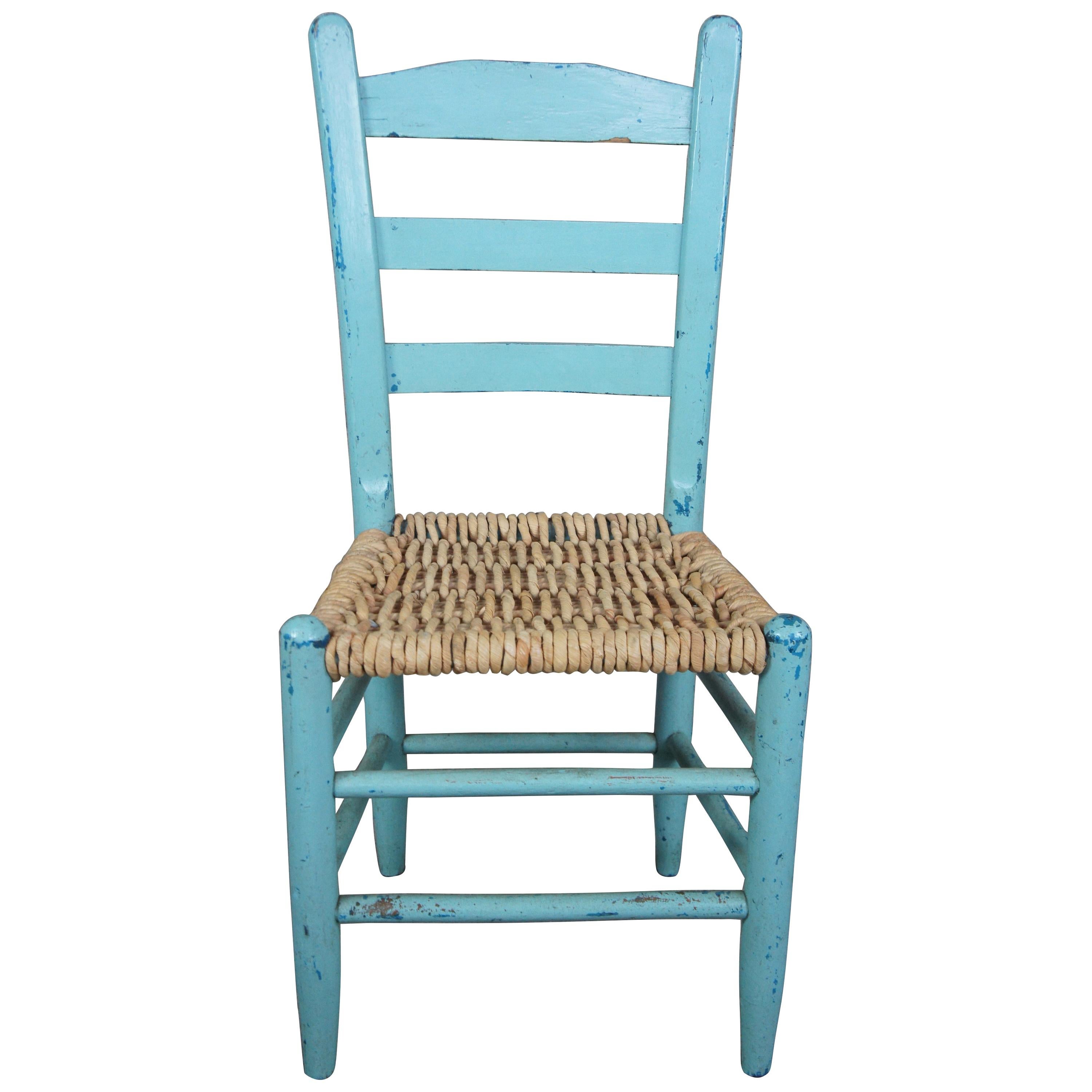 Vintage Shaker Ladder Back Turquoise Boho Chic Dining Side Chair with Jute Seat