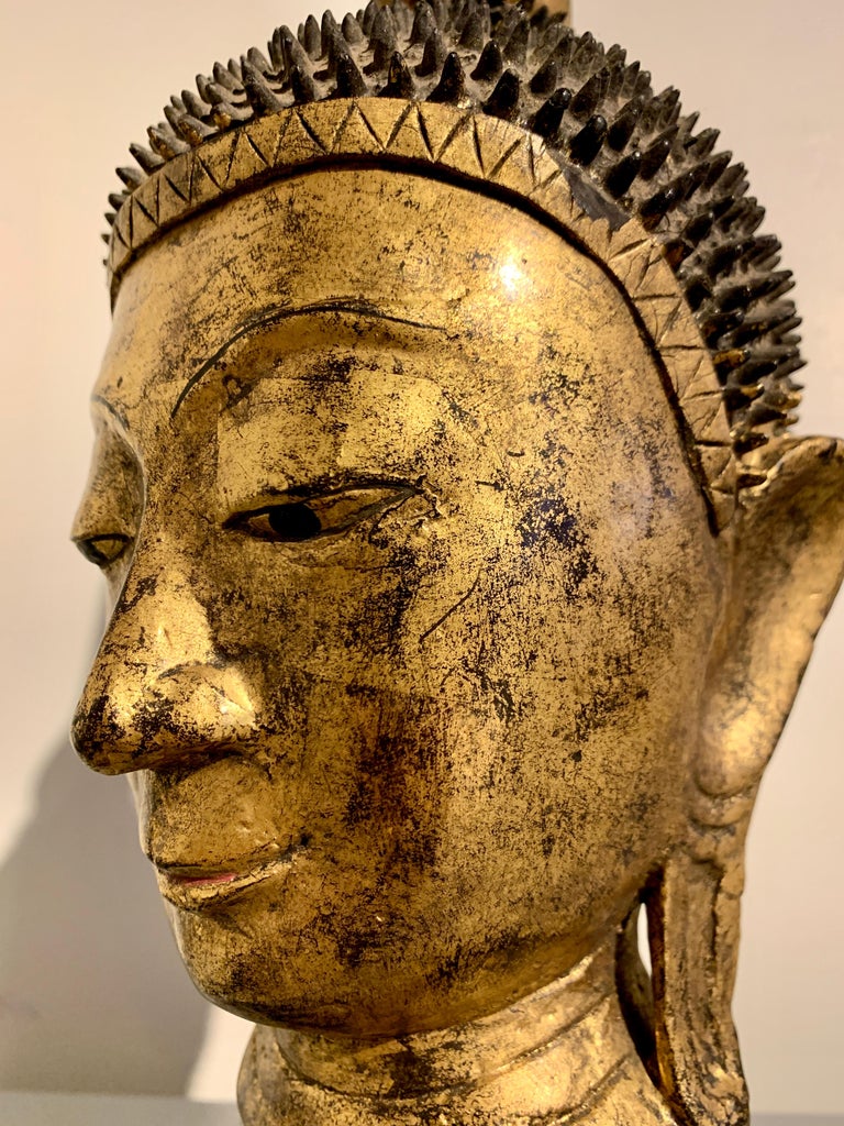 Vintage Shan Burmese Style Gilt Dry Lacquer Buddha Head, circa 1960s
