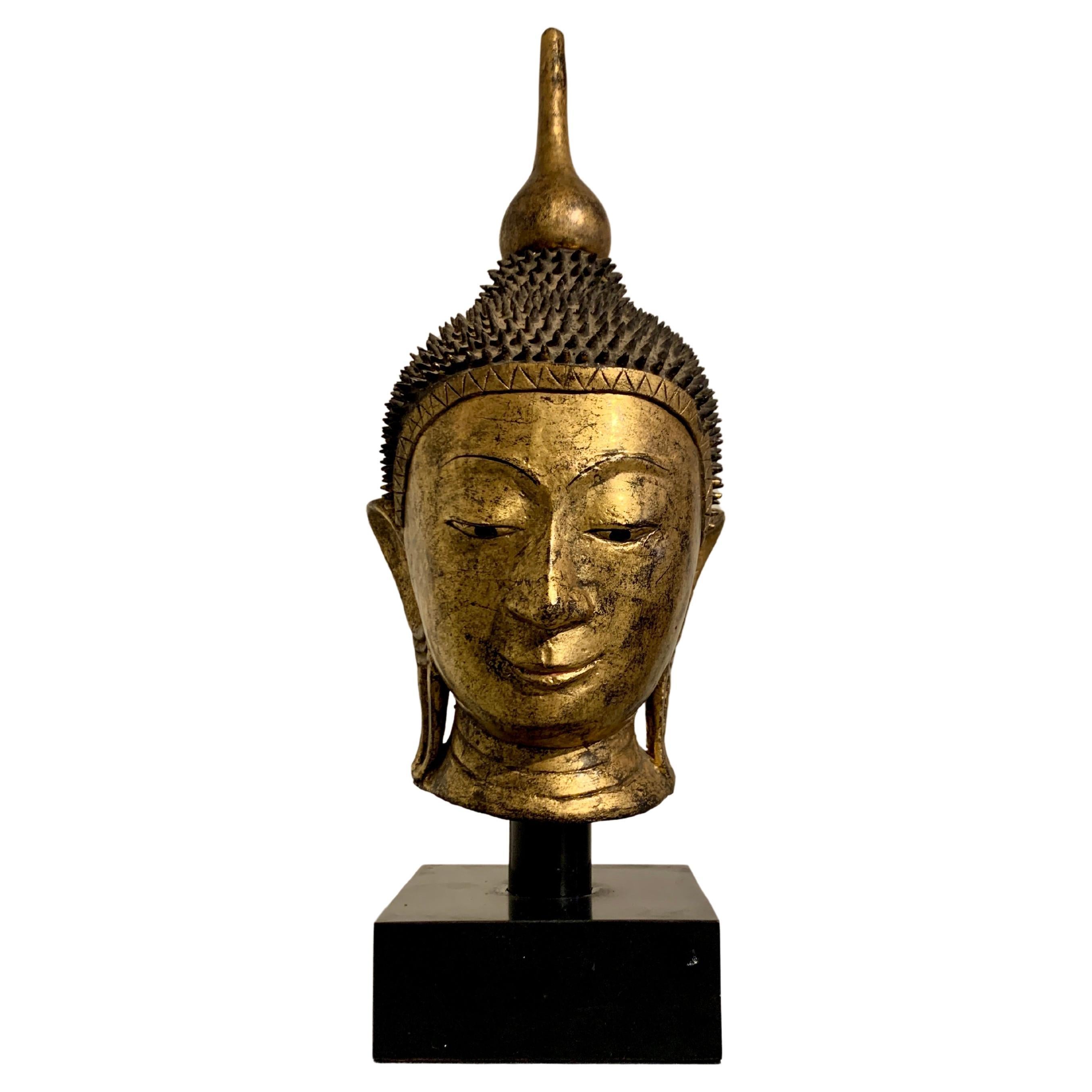 Vintage Shan Burmese Style Gilt Dry Lacquer Buddha Head, circa 1960s, Thailand For Sale