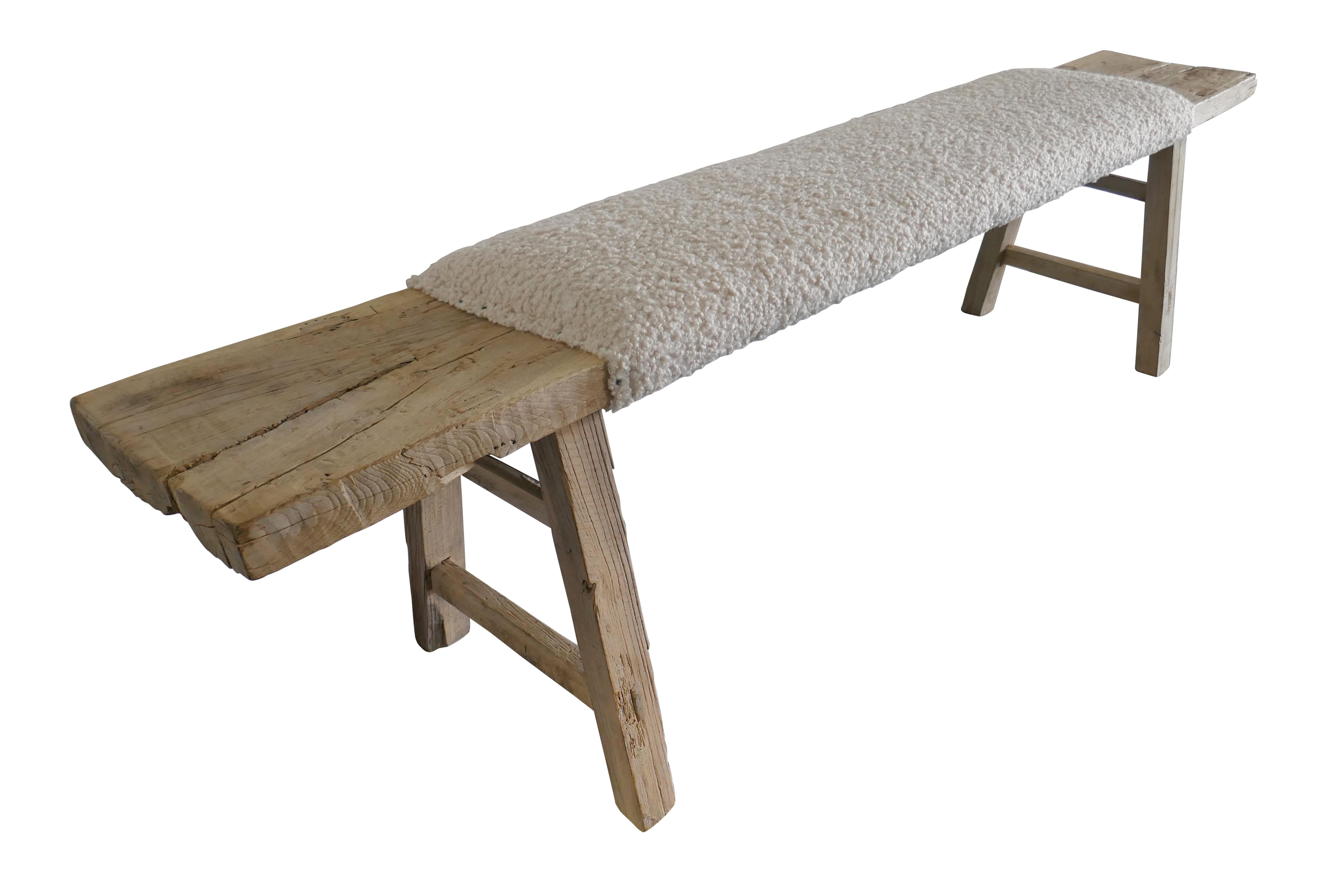 Our one-of-a-kind authentic vintage long Asian bench. Primitively hand-built of solid heavy raw natural elmwood. Constructed with early mortise & tenon joinery, displaying desirable age character throughout. Styled with sturdy splayed legs with