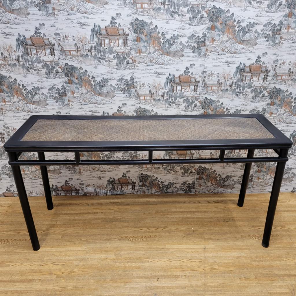 Late 20th Century Vintage Shanxi Province Black Lacquer Wicker Rattan Altar Table For Sale