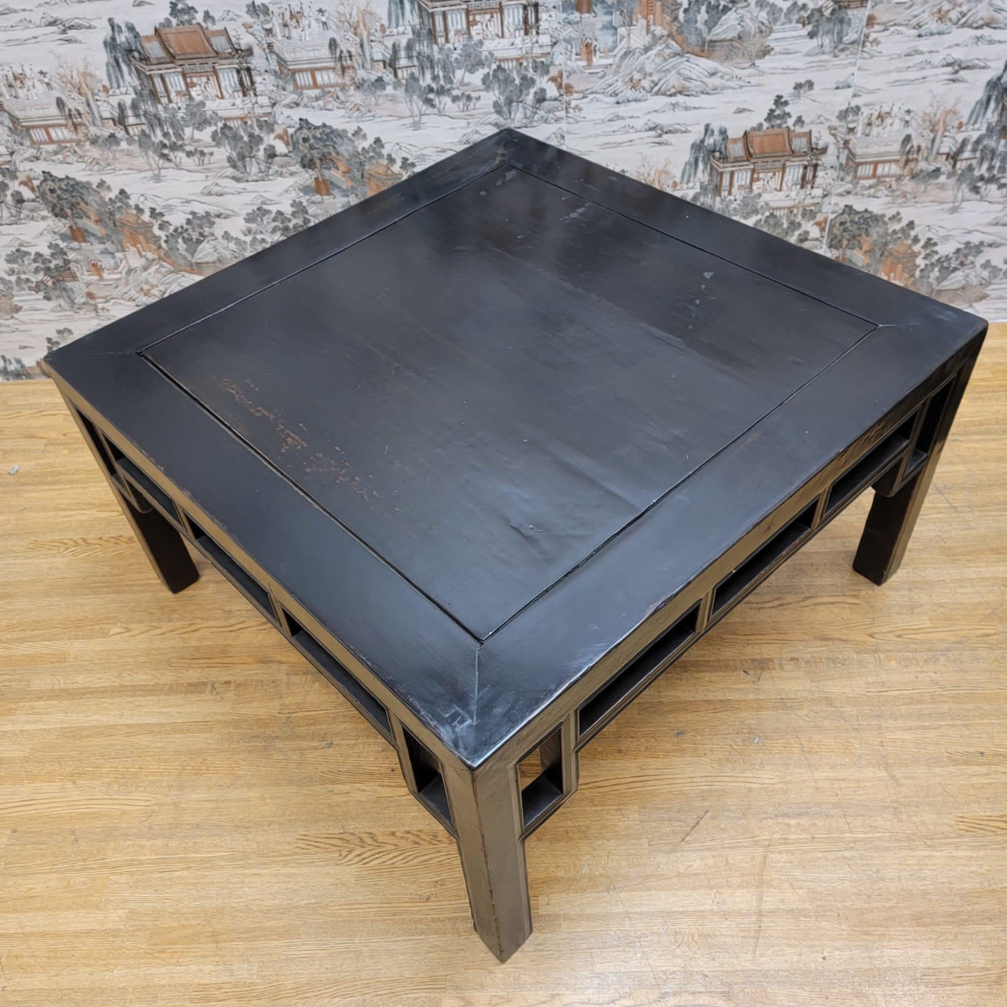 Chinese Export Vintage Shanxi Province Elm Coffee Table with Carved Apron For Sale
