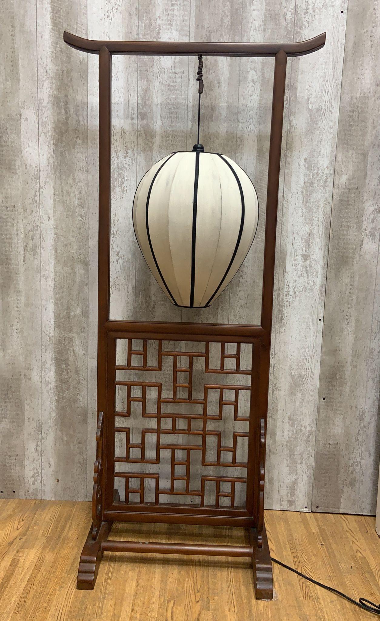 Hand-Carved Vintage Shanxi Province Elm Cream Lantern Floor Lamp For Sale