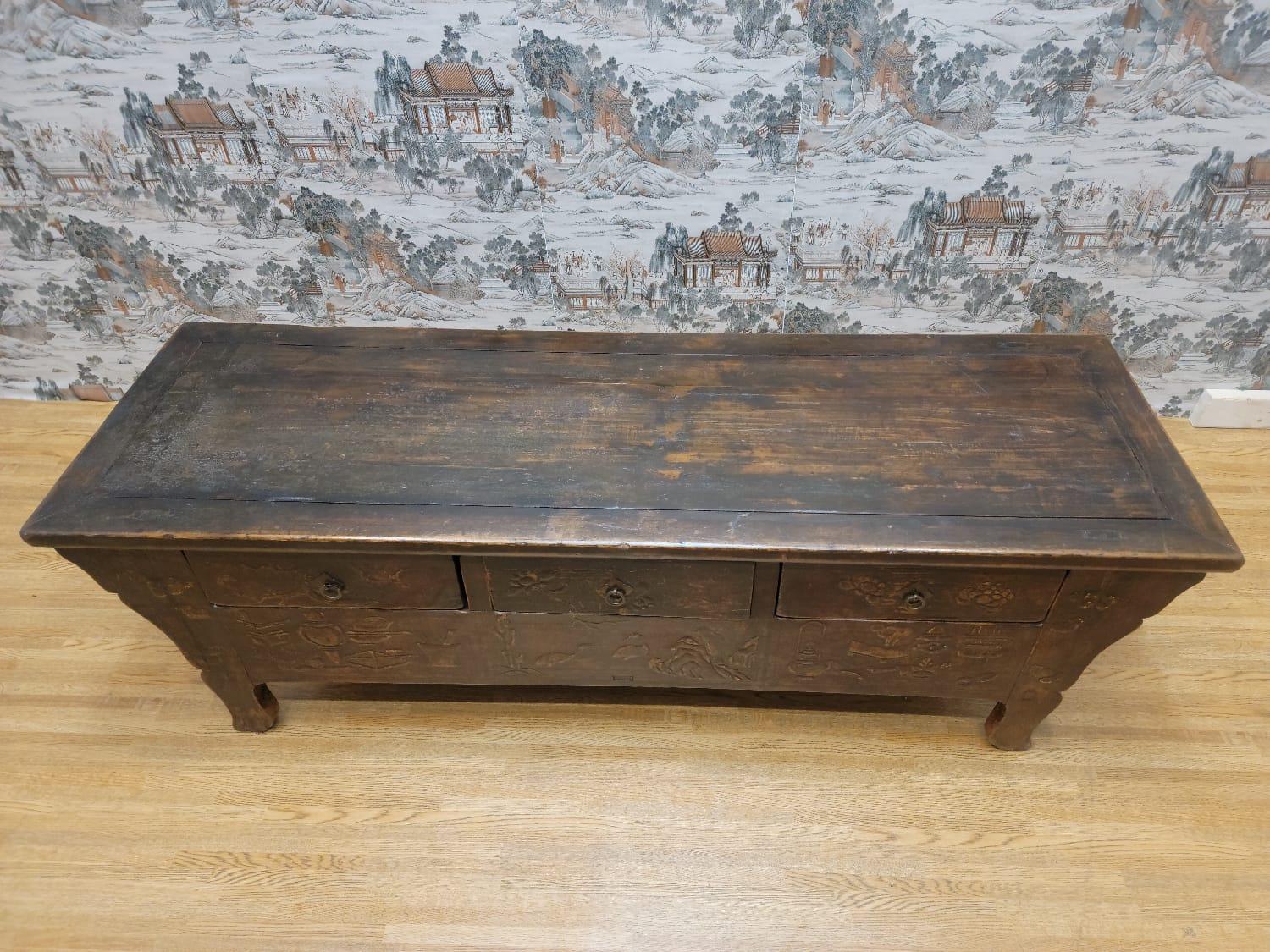 Chinese Export Antique Hand Carved Shanxi Province Coffer Sideboard For Sale