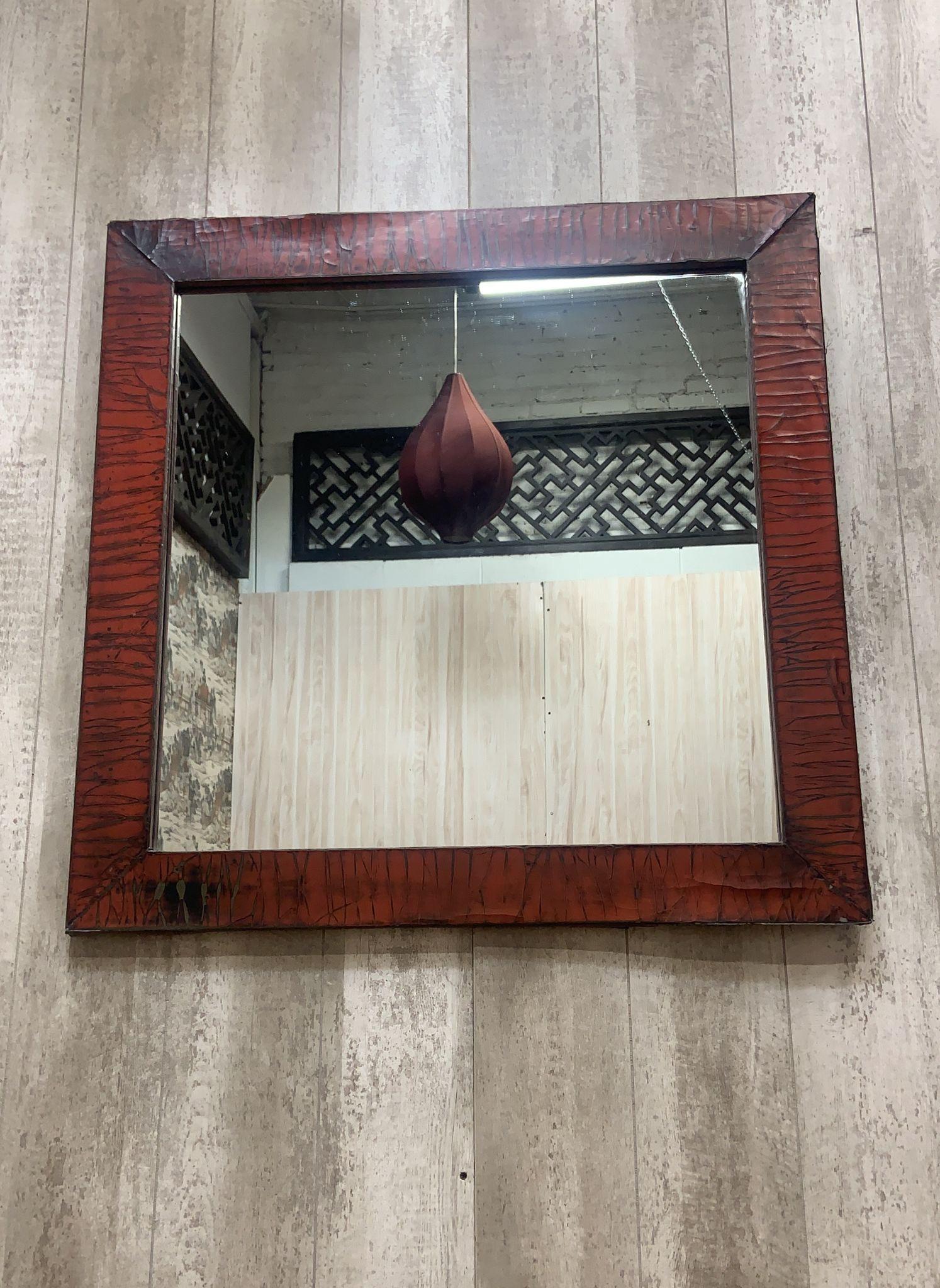Chinese Export Vintage Shanxi Province Red Linen Wrapped Square Mirror For Sale