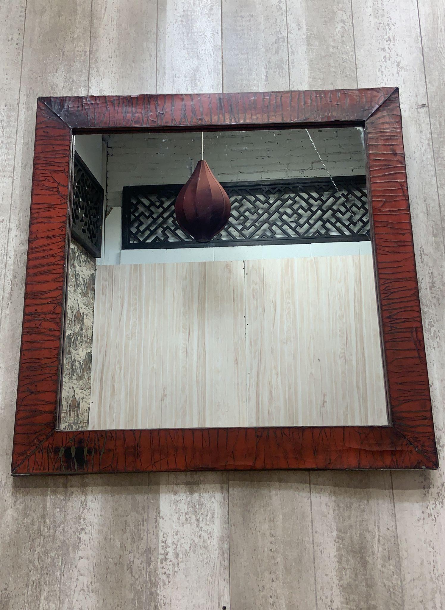 Hand-Crafted Vintage Shanxi Province Red Linen Wrapped Square Mirror For Sale