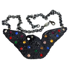 Vintage SHARRA PAGANO Jewelled Black Enamel Eagle Necklace
