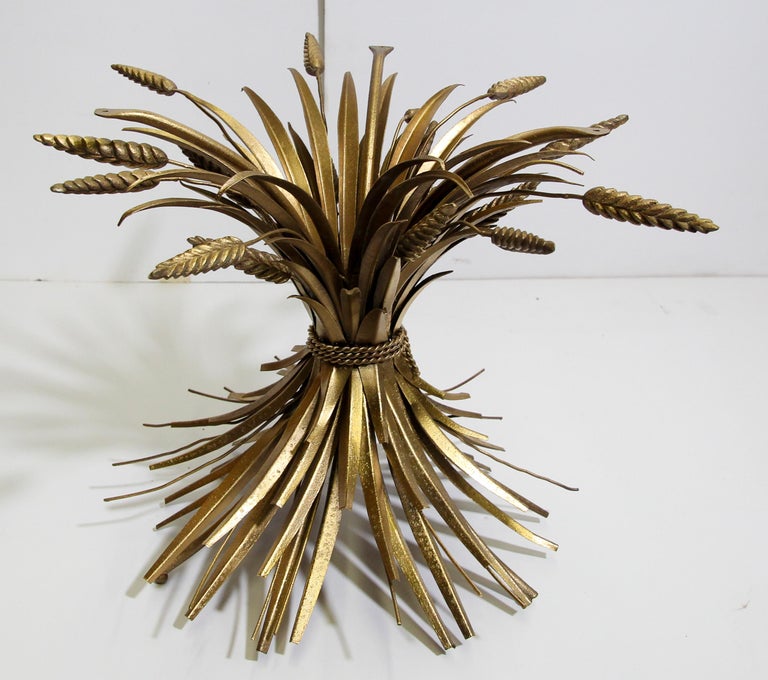 Vintage French Sheaf of Wheat Side Table Glass Top and Gilt Metal at