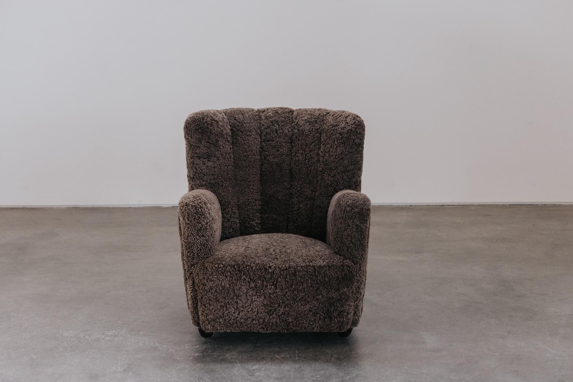Vintage Shearling Cabinetmaker Lounge Chair From Denmark, Circa 1950.  Comfortable model, later upholstered in Denmark with very soft grey shearling.  Excellent condition.