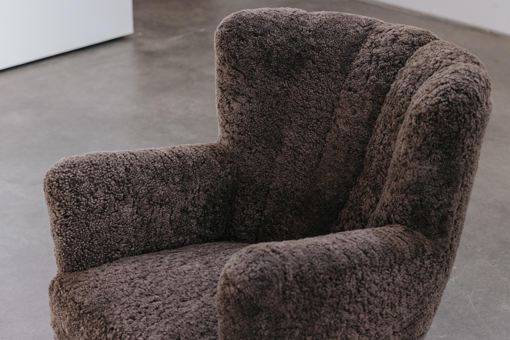 Sheepskin Vintage Shearling Cabinetmaker Lounge Chair From Denmark, Circa 1950