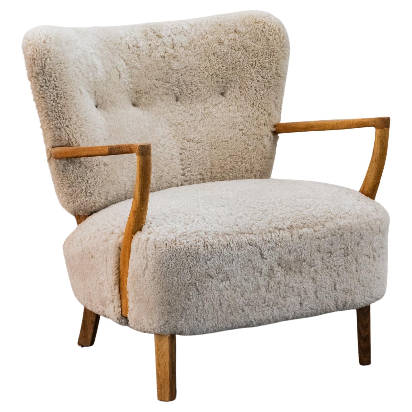 Vintage Shearling Cabinetmaker Lounge Chair From Denmark, Circa 1960 For Sale