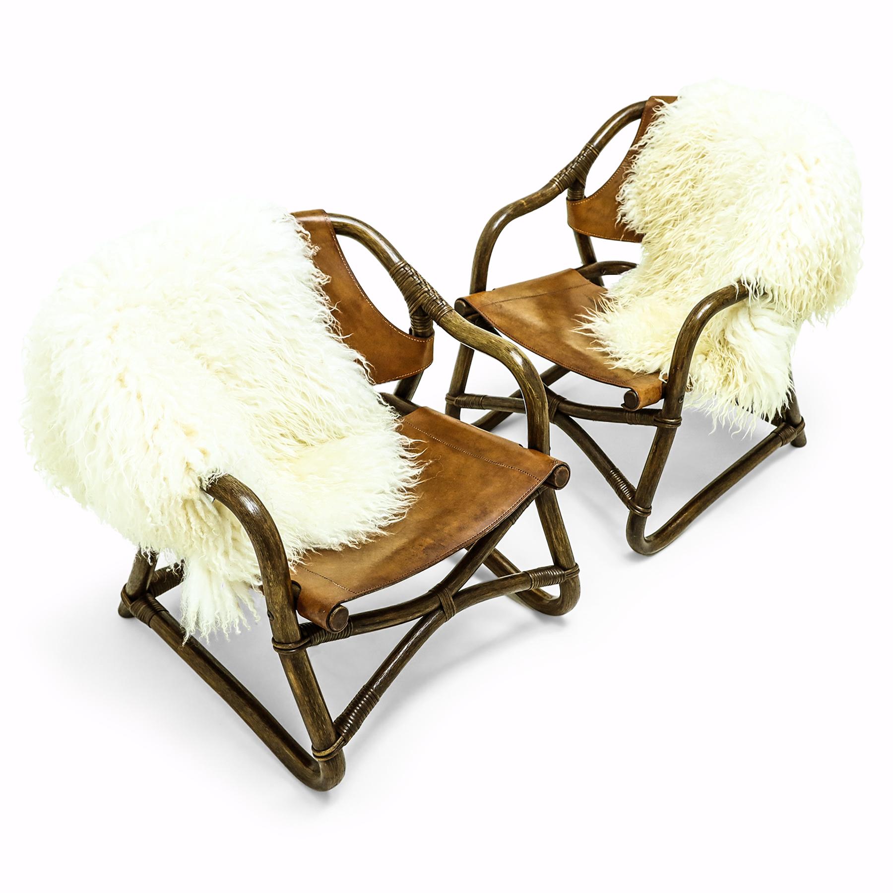 Bohemian Vintage sheepskin and leather and cane easy chairs attributed to Rohe Noordwolde For Sale