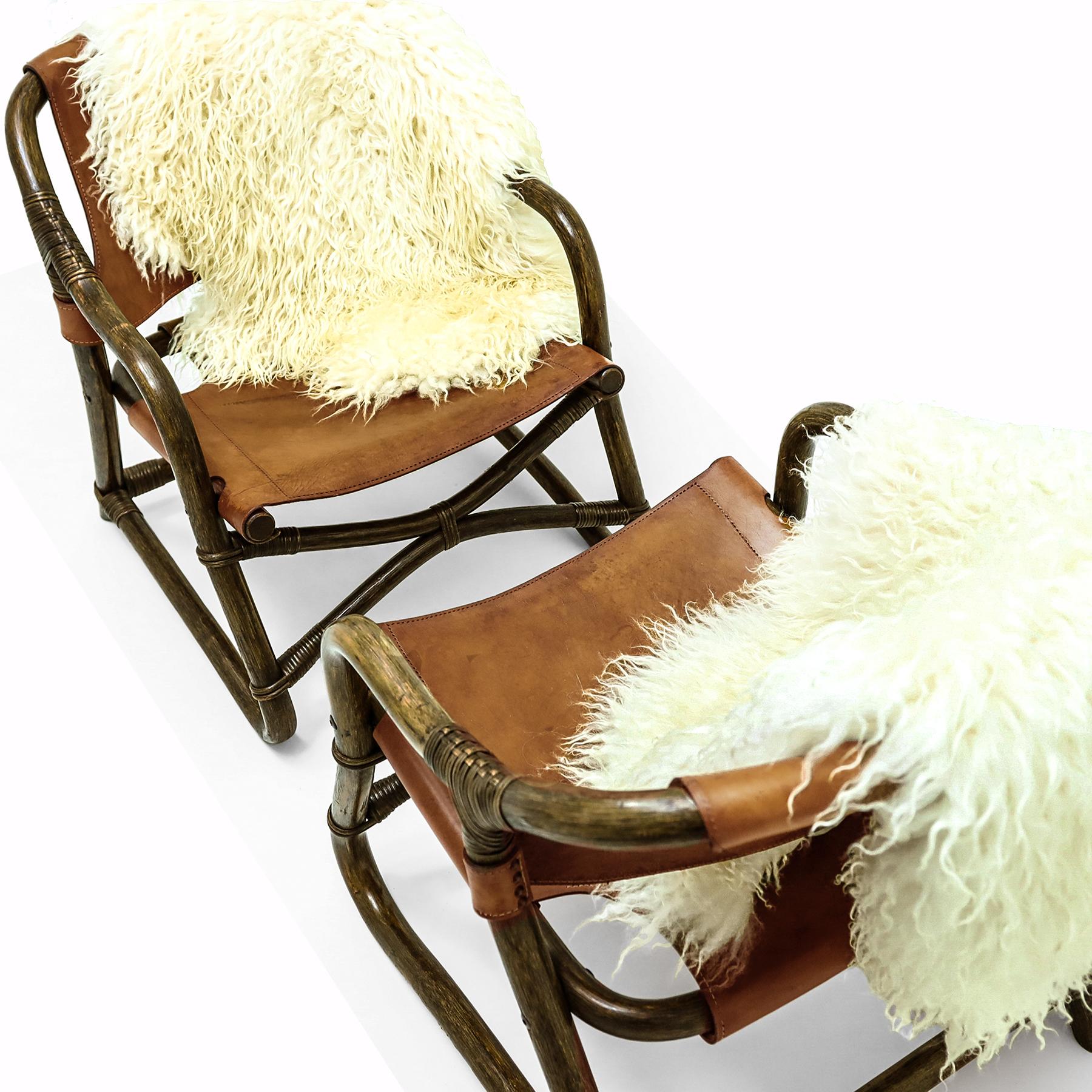 Danish Vintage sheepskin and leather and cane easy chairs attributed to Rohe Noordwolde For Sale